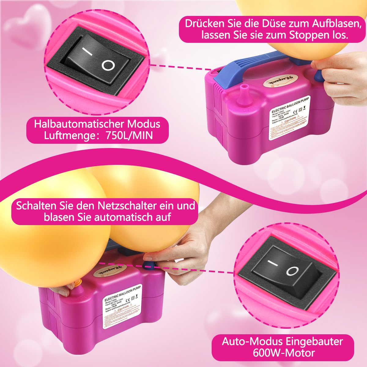 FLSEPAMB Pompa per Palloncini Elettrica Silenziosa, 600 W Gonfia Palloncini Elettrico, Intelligente a 2 Modalità, Ugello 2+2 Pompa per Palloncini, Pompa per Palloncini per Feste, Matrimoni, Natale