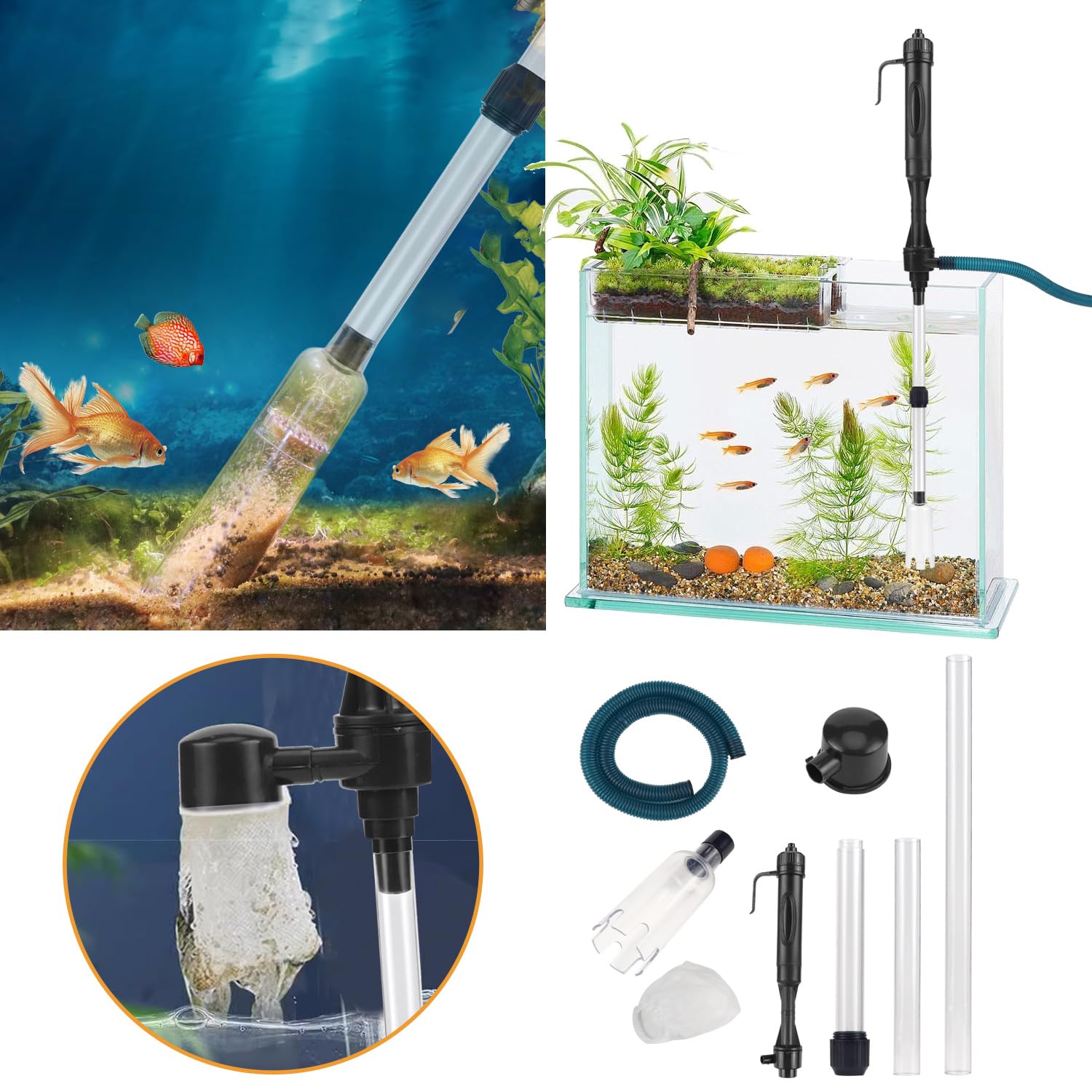 JSMTKJ Aspirador Automático para Acuario Limpiador de Grava con Esponja de Filtro Limpiador de Grava para Acuario Multifuncional Cambiadores de Agua para Acuarios Medianos y Grandes