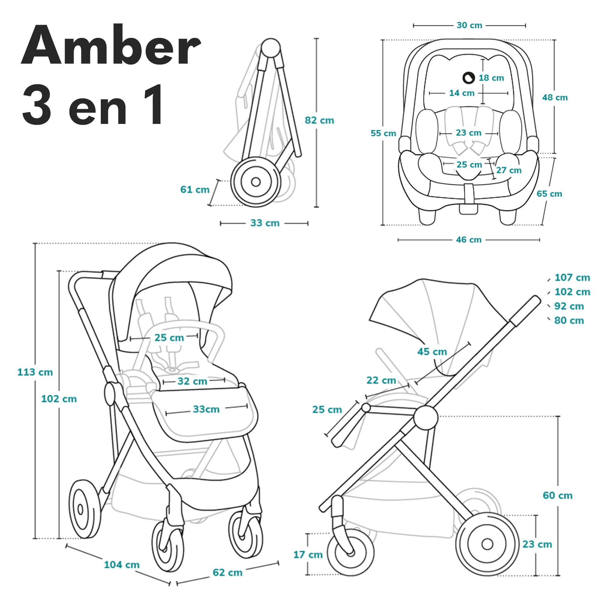 LIONELO Amber 3 en 1 poussette multifonctionnelle avec landau, siège sport, nacelle fixe, sac, moustiquaire, couverture et feuille de pluie