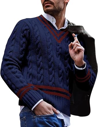 Mens Cable Knit V Neck Pullover Sweaters Stripes Ribbed Slim Fit Soft Comfortable for Casual Wear
