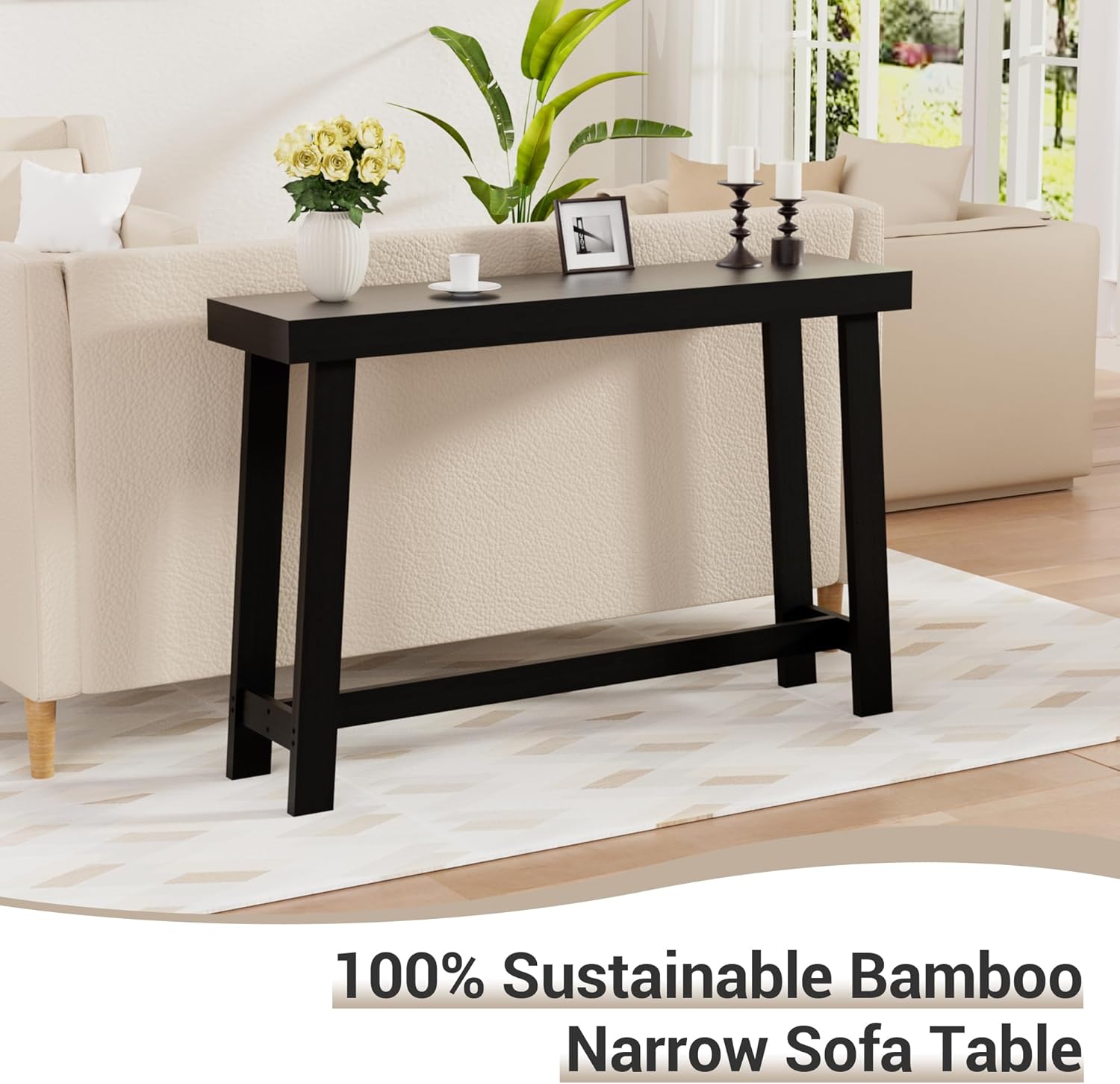 Bamboo Wood Entryway Table 47.2 Console Table, Narrow Sofa Table with Support Beam for Entrance, Hallway, Living Room, Bedroom, Foyer(Black)