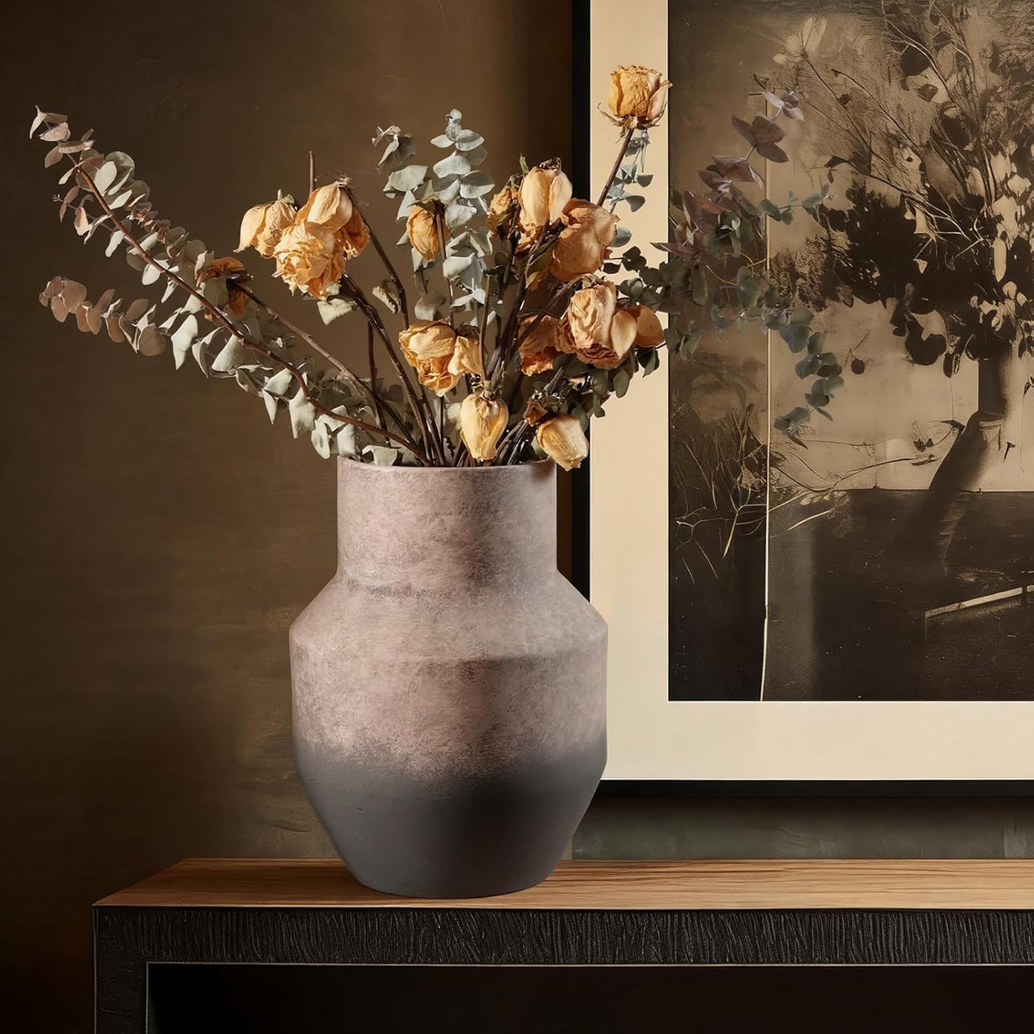 Large Ceramic Round Vase 13 Inch Rustic Ceramic Flower Vase Brown Large Terracotta for Living Room Decor Floor Home Decor Accents, Vintage Pottery