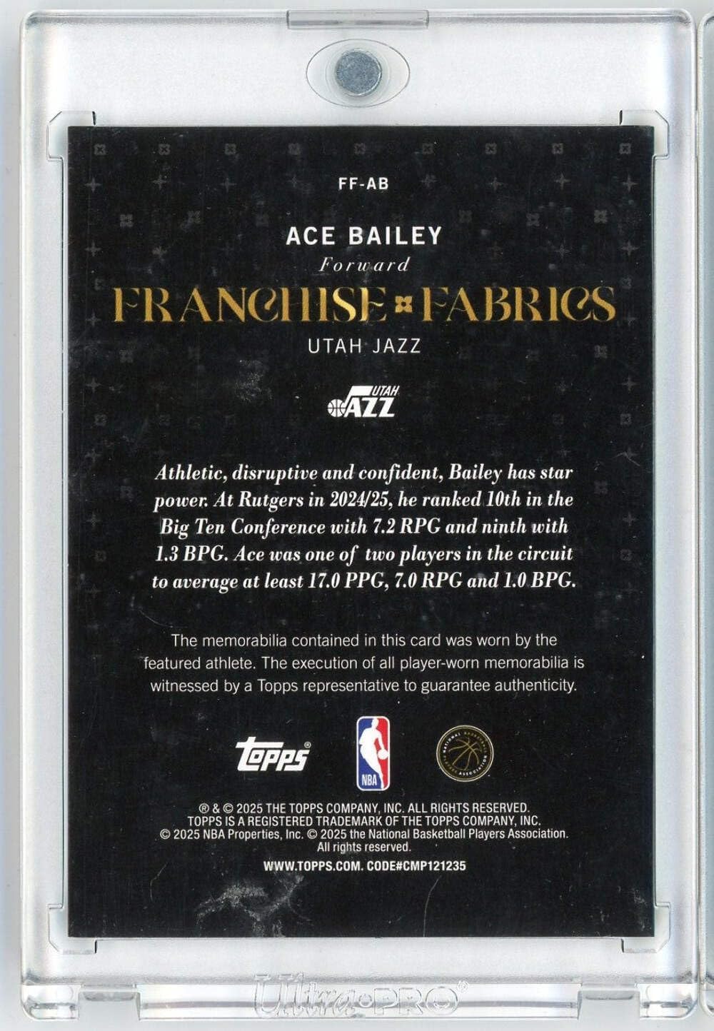 2025 Topps Ace Bailey #FFAB Franchise Fabrics Player Worn Relic Utah Jazz Rookie RC Basketball Card
