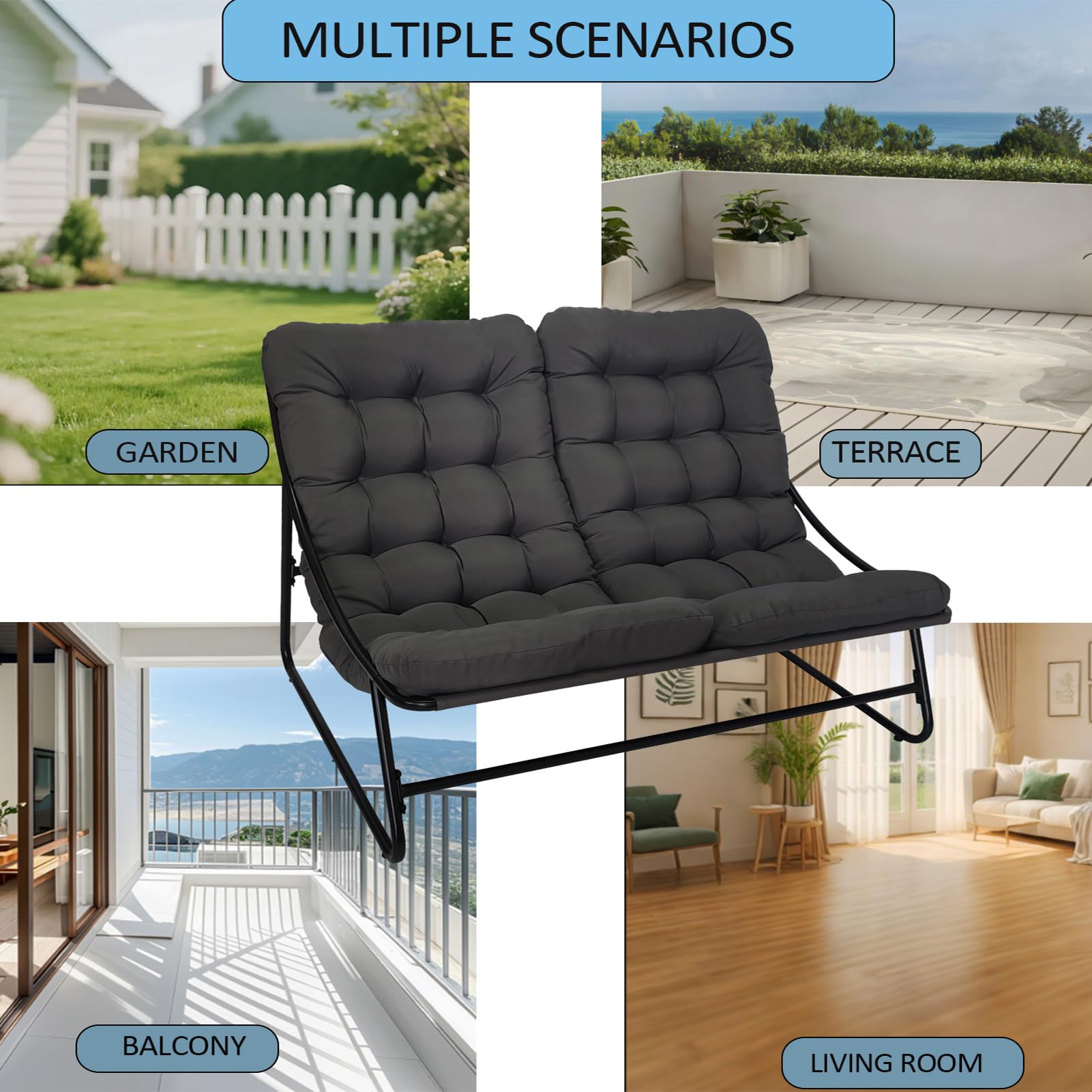 Gartenliege 2 Personen Metall, Doppelliege Outdoor 2 Personen mit Dicker Abnehmbares Gepolsterter, Belastbarkeit bis 225kg, Relaxliege für Garten, Wohnzimmer, Terrasse (Schwarz)