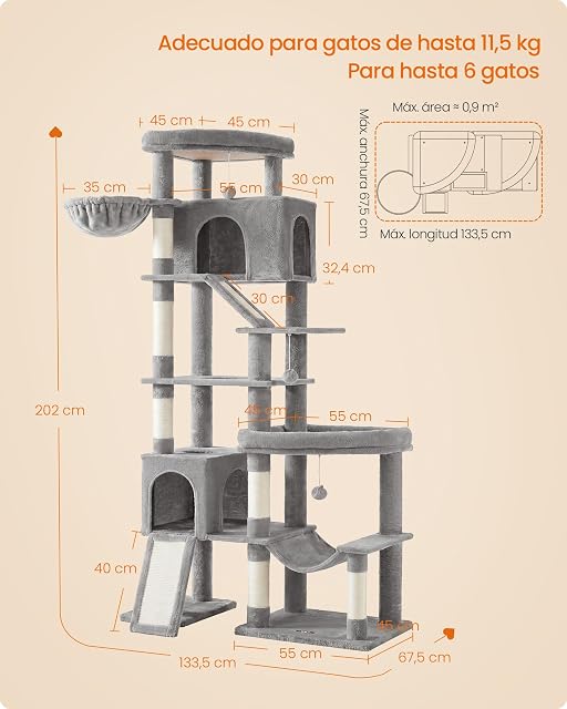 Foto 6 de 8 de Feandrea Árbol para Gatos XXL, Torre con Postes de Sisal, Rascador con Base Doble, 105 x 45 x 202 cm