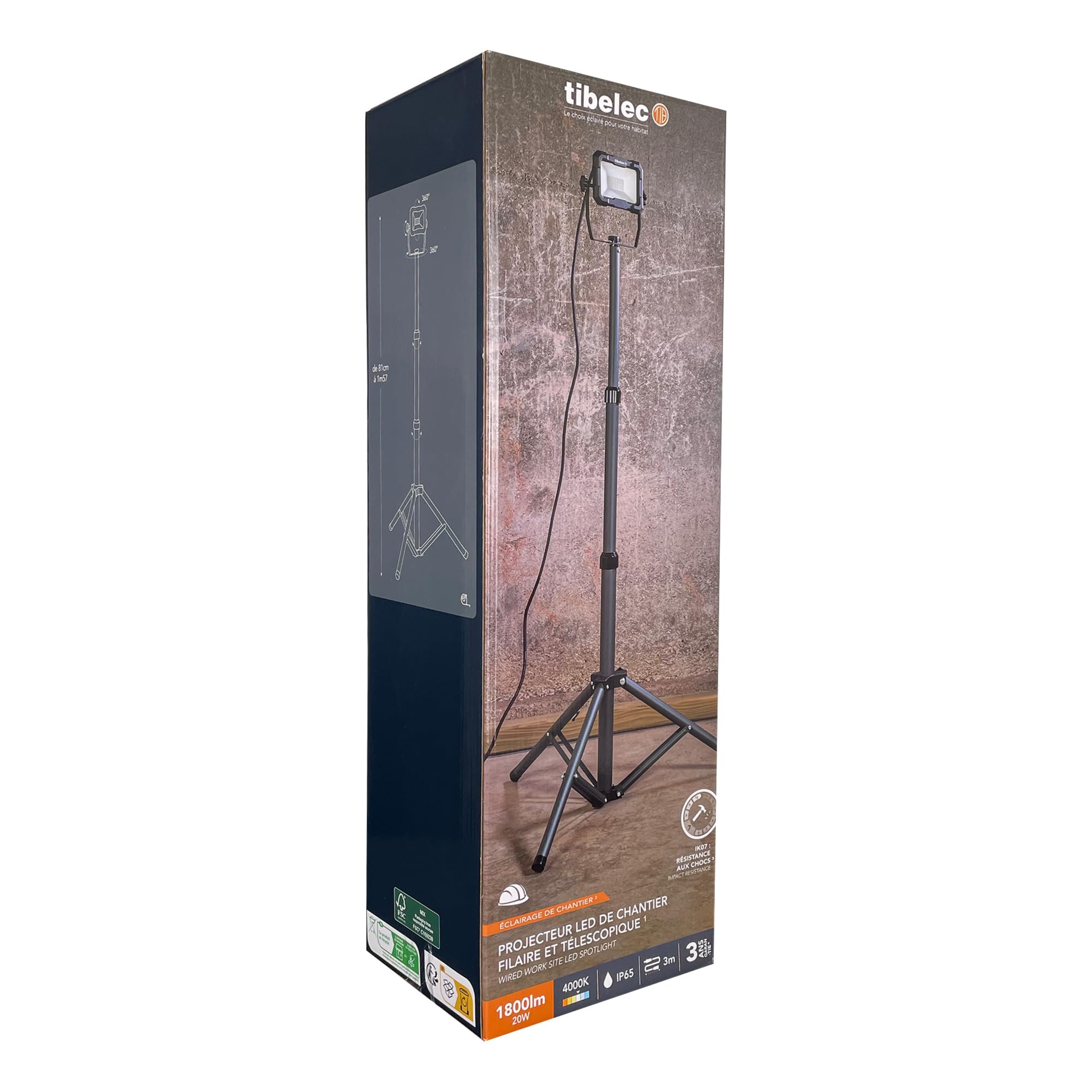 Projecteur LED de chantier filaire sur pied télescopique 20W, 1800 lumens, IP65, IK07, 4000K, garantie 3 ans - Tibelec