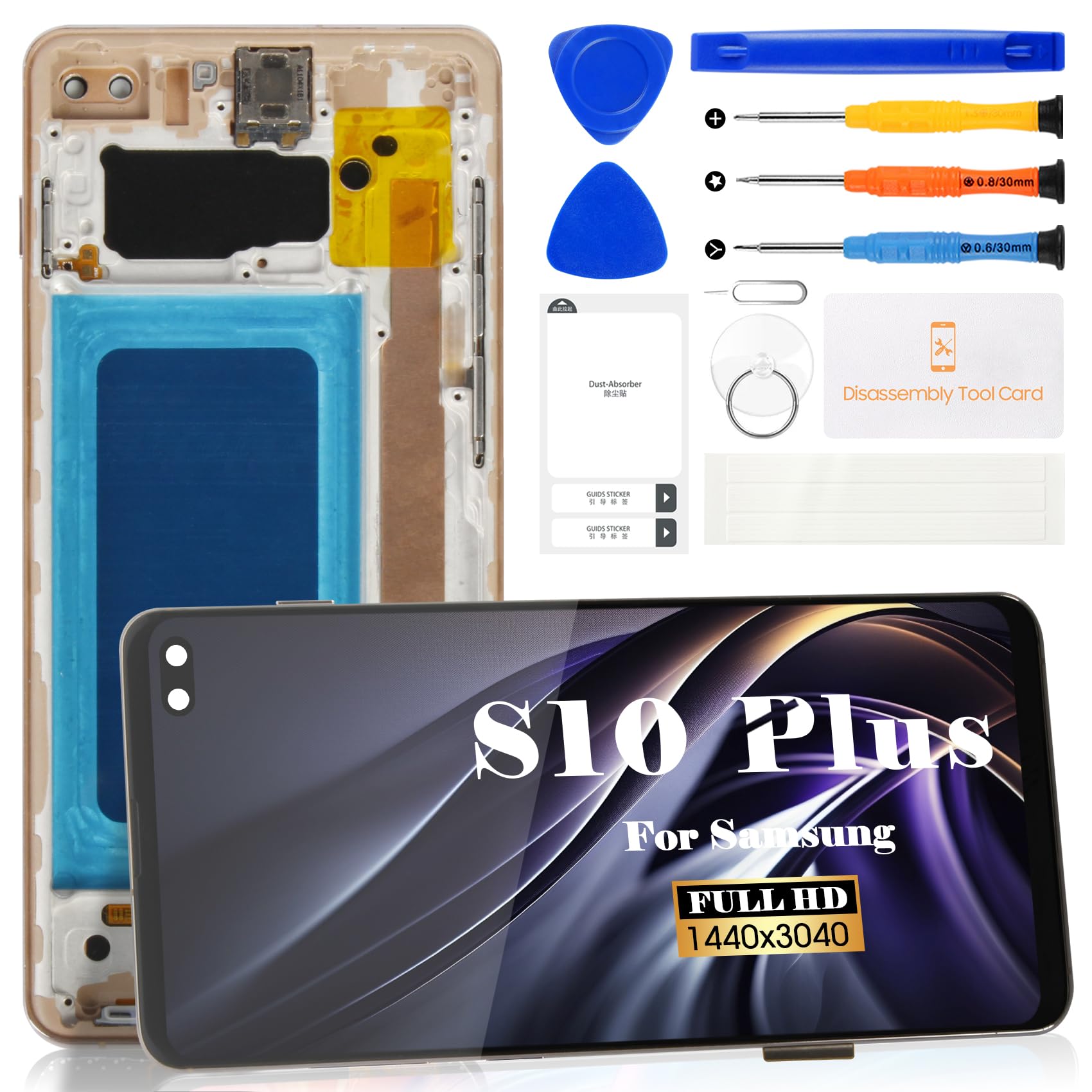 Incell Écran tactile de rechange pour Samsung Galaxy S10+ LCD SM-G975F, SM-G975U, SM-G975W avec cadre (doré, pas de fonction empreintes digitales)