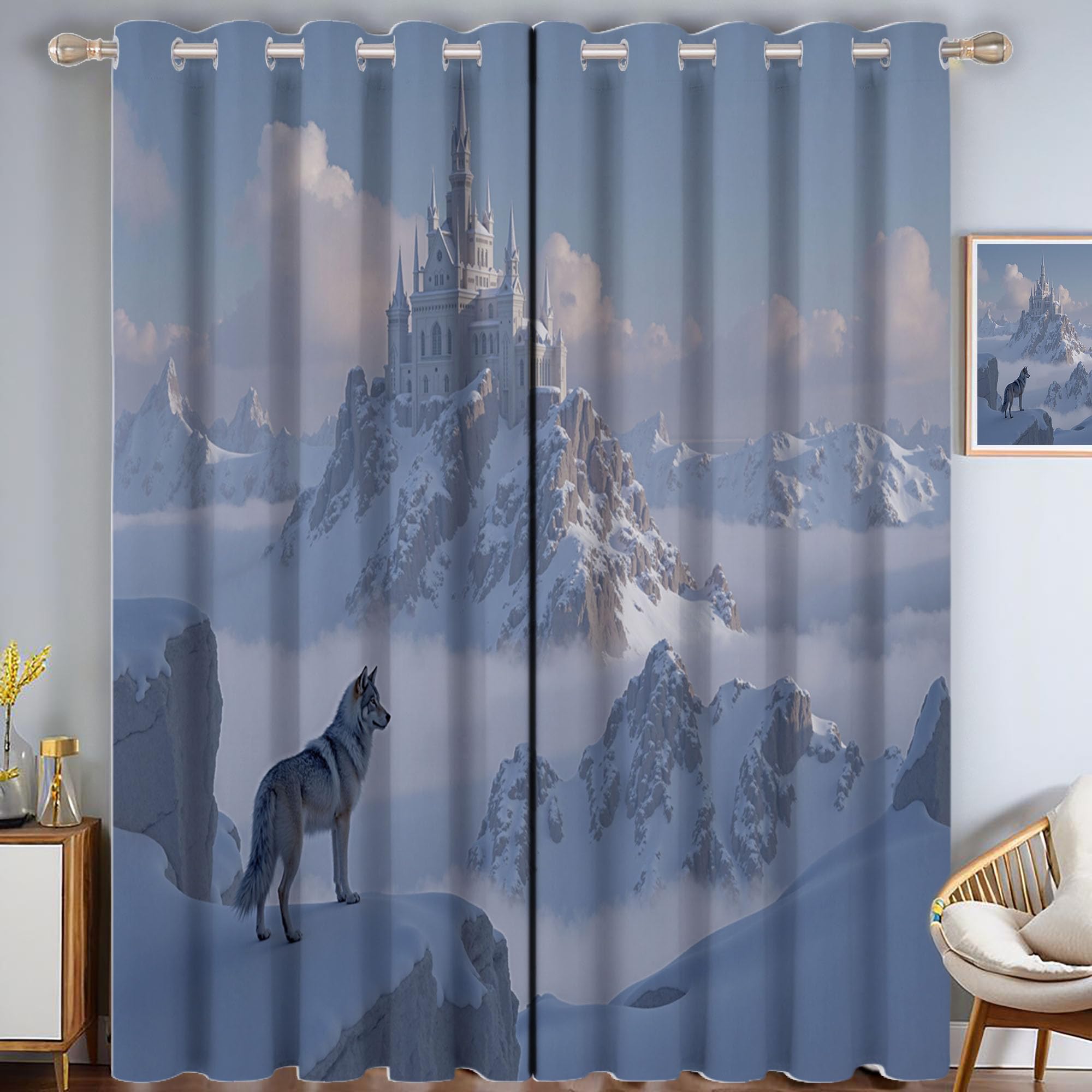 Rideau occultant paysage fantastique loup blanc 140x160cm lot de 2