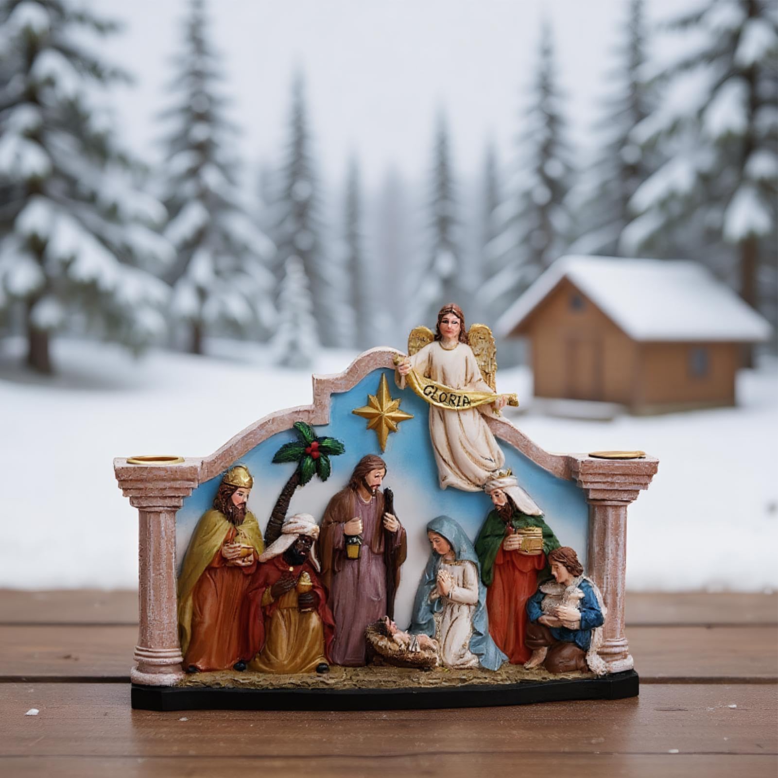 Bougeoir de crèche, statue de chandelier de Noël | Statue de crèche en | résine Ornement catholique chrétien Maison Bougeoir Décoration pour cheminée, table, jour de fête - Pour intérieur catholique