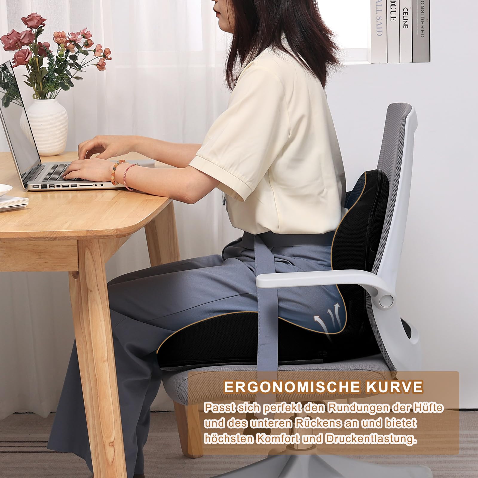GOFORIT Cuscino per sedile e schienale 2 in 1 - Set ergonomico in memory foam a doppio strato, supporto lombare per sedia da ufficio e sedile auto, comfort per il coccige, antiscivolo e lavabile