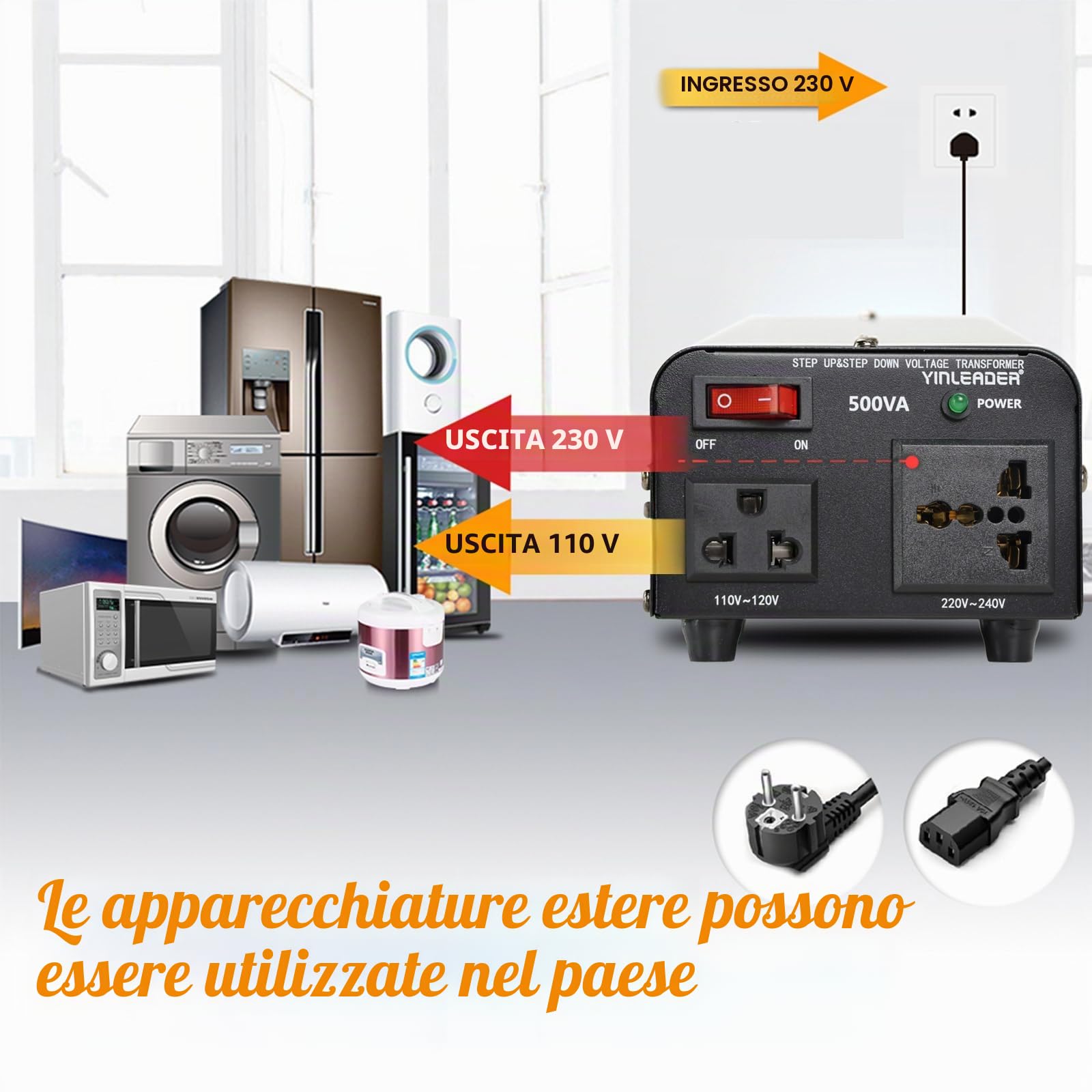 Yinleader 500 VA 230 V fino a 110 V USA Trasformatore di tensione a nucleo toroidale - Ingresso: 220 V / Uscita: 110 V e 220 V