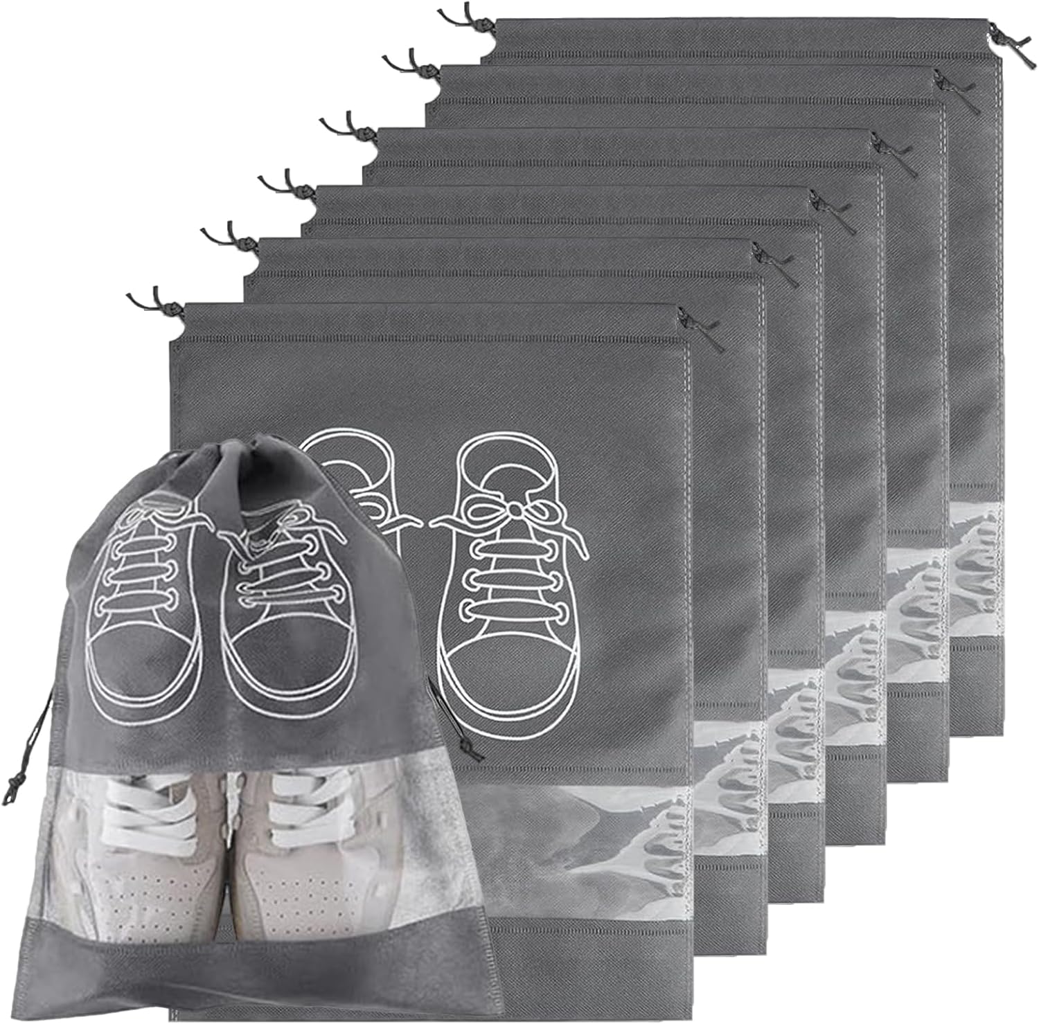 Shoe Bags for Travel, 6 Pcs 44x32cm Portable Drawstring Shoes Storage Bags Non-Woven Dust Proof Pouch with Transparent Slot for Men Women Daily and Travel Use Travel Shoe Bag (Grey) ﻿ ﻿