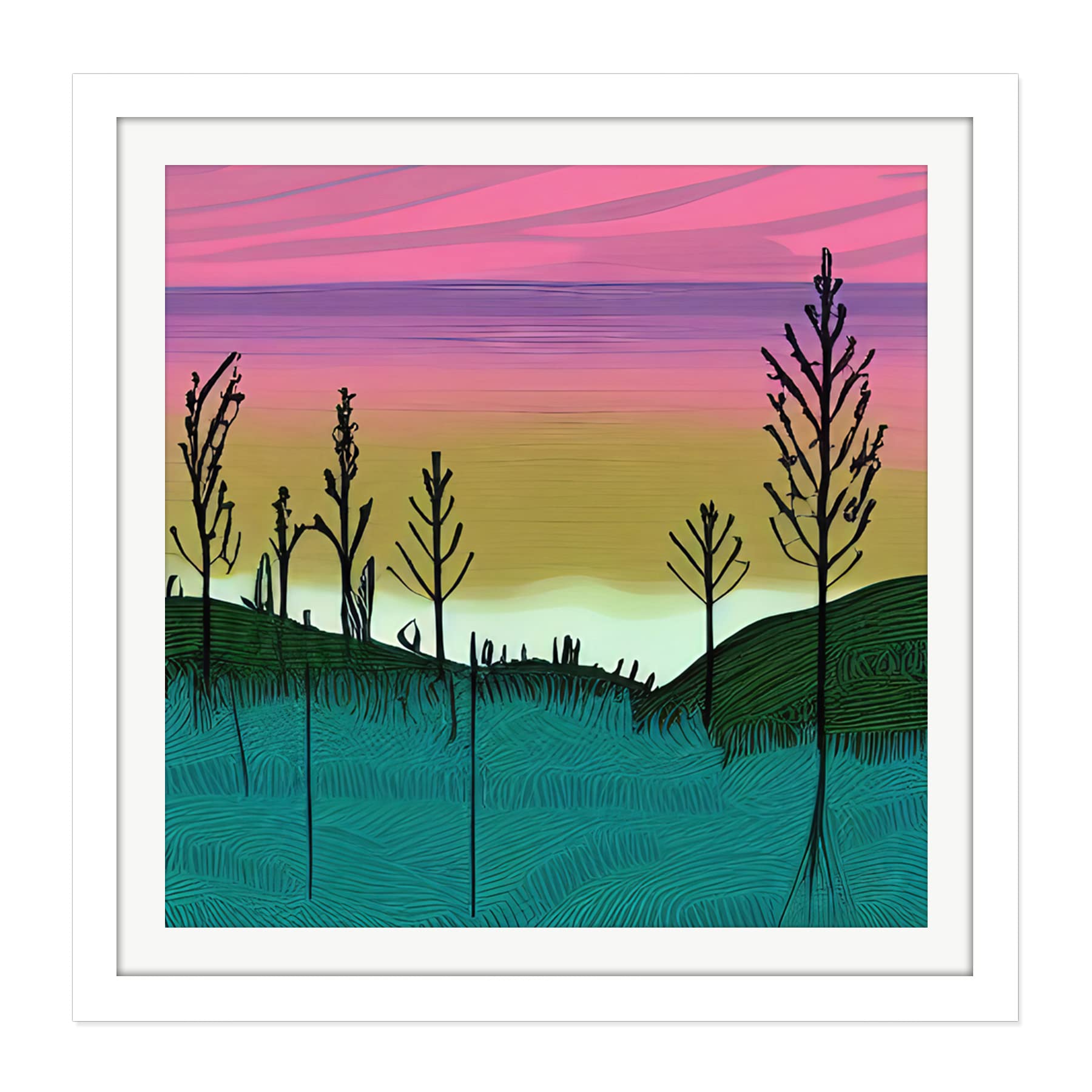 Wee Blue Coo Forest Hill Sunset Sunrise Sky Landscape Painting Pink Purple Green Teal Square Wooden Framed Wall Art Print Picture 16X16 Inch