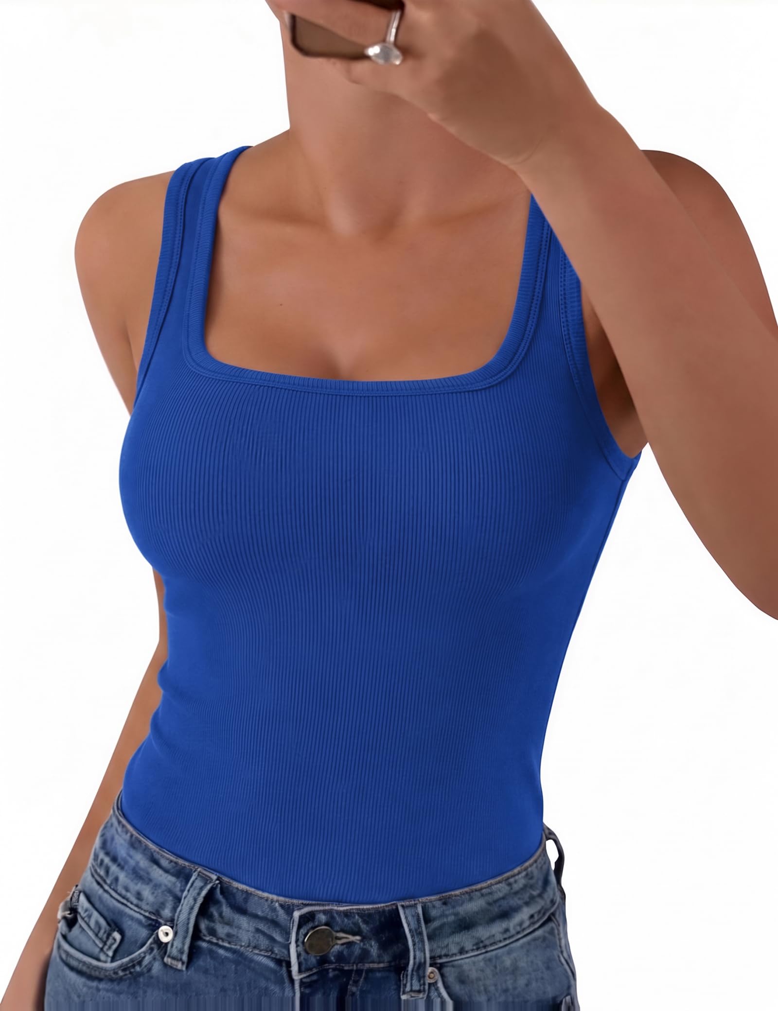 Aottori Camiseta sin Mangas Mujer Verano Cuello Cuadrado Tops Ajustado Elástico Camisetas Tirantes Elegante Punto Tank Top Sólido Básica Chalecos Top — view 20