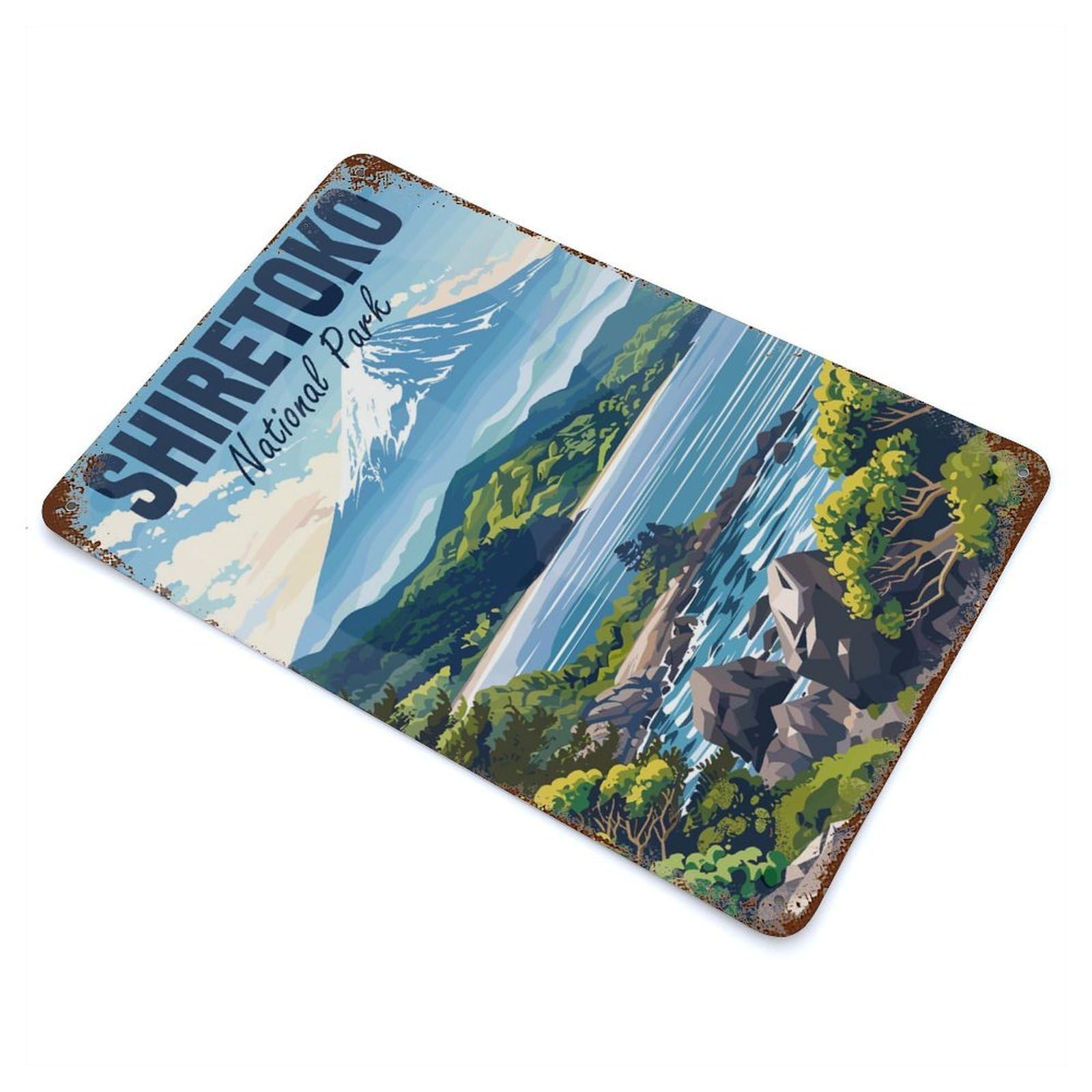 Weathered Tin Sign with Shiretoko National Park Design 11.8"x7.9", for Shed, Workshop And Garage Wall Decor, Decorative Metal Wall Art