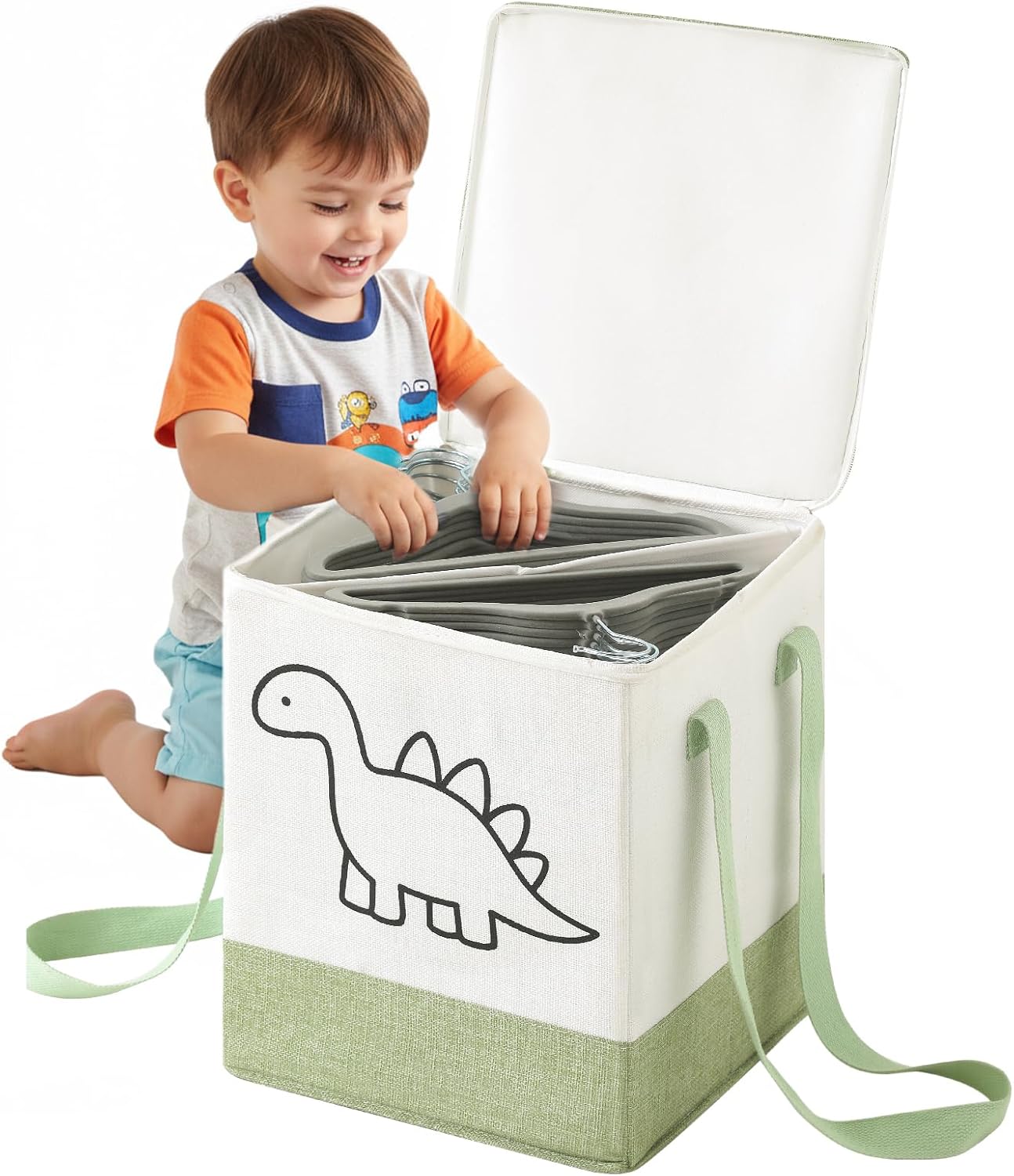 Qozary Kids Hanger Organizer Bag - Rigid Baby Hanger Storage Containers with Lid for Dustproof, Organizers and Storage Box for Closet Laundry Room, Foldable Bin with Carry Handle for Space Saver
