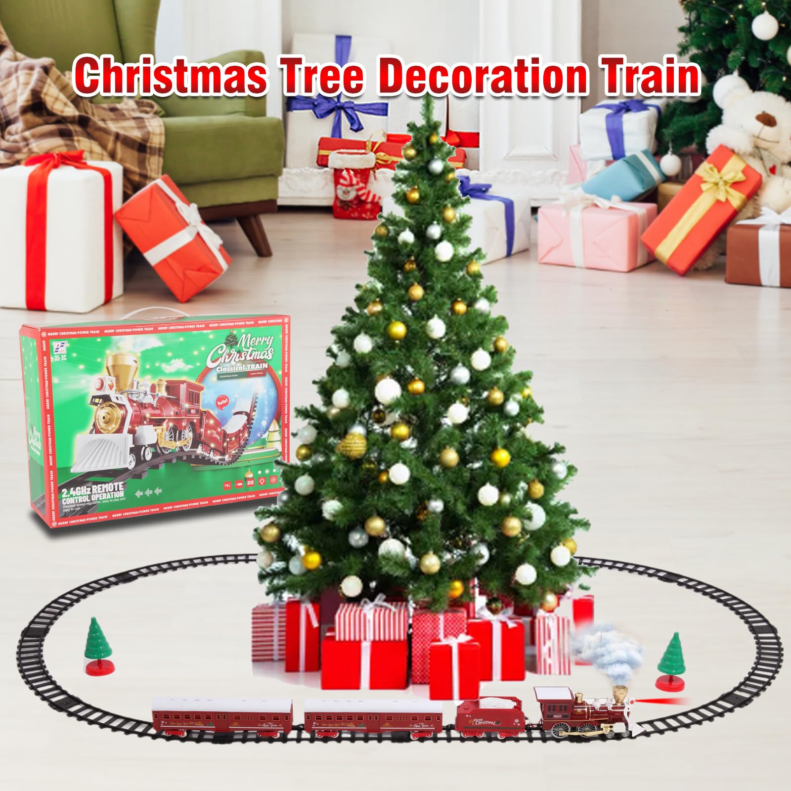 Christmas Train Set, Train Toy with Remote Control, Toy Train Set Under The Christmas Tree with Sounds, Lights and Smoke, Christmas Toy Gift for Toddler 3 4 5 6 7 8 Years