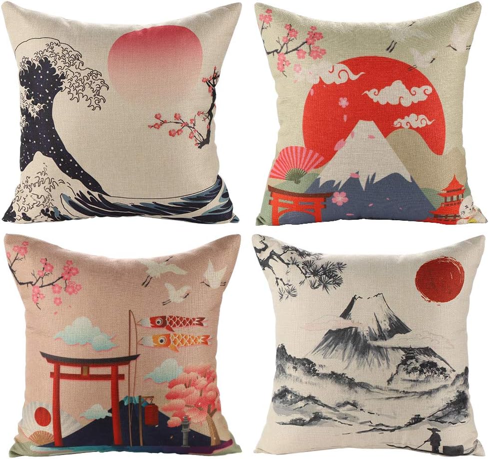 Cushion Covers Decorative Square Throw Pillow Cover Sofa Car Pillowcase for Outdoor Home Bed Decor 45cm x 45cm,Set of 4 (Japanese Style B)