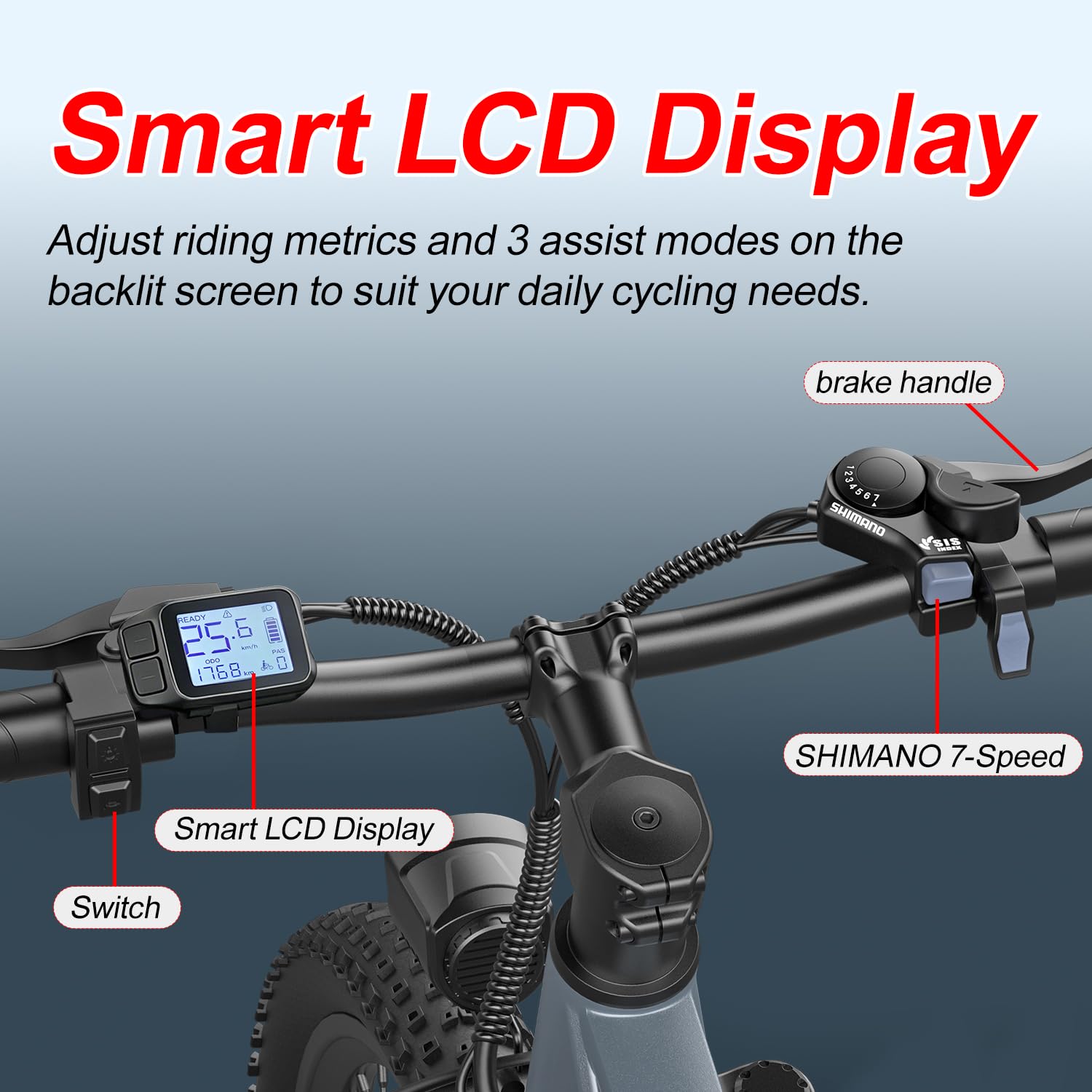 Bicicletta elettrica da mountain bike L26, dotata di motore da 250 W, batteria da 36 V e 10,4 Ah, velocità massima di 25 km/h, sospensione anteriore, cambio a 7 velocità e freni a disco meccanici