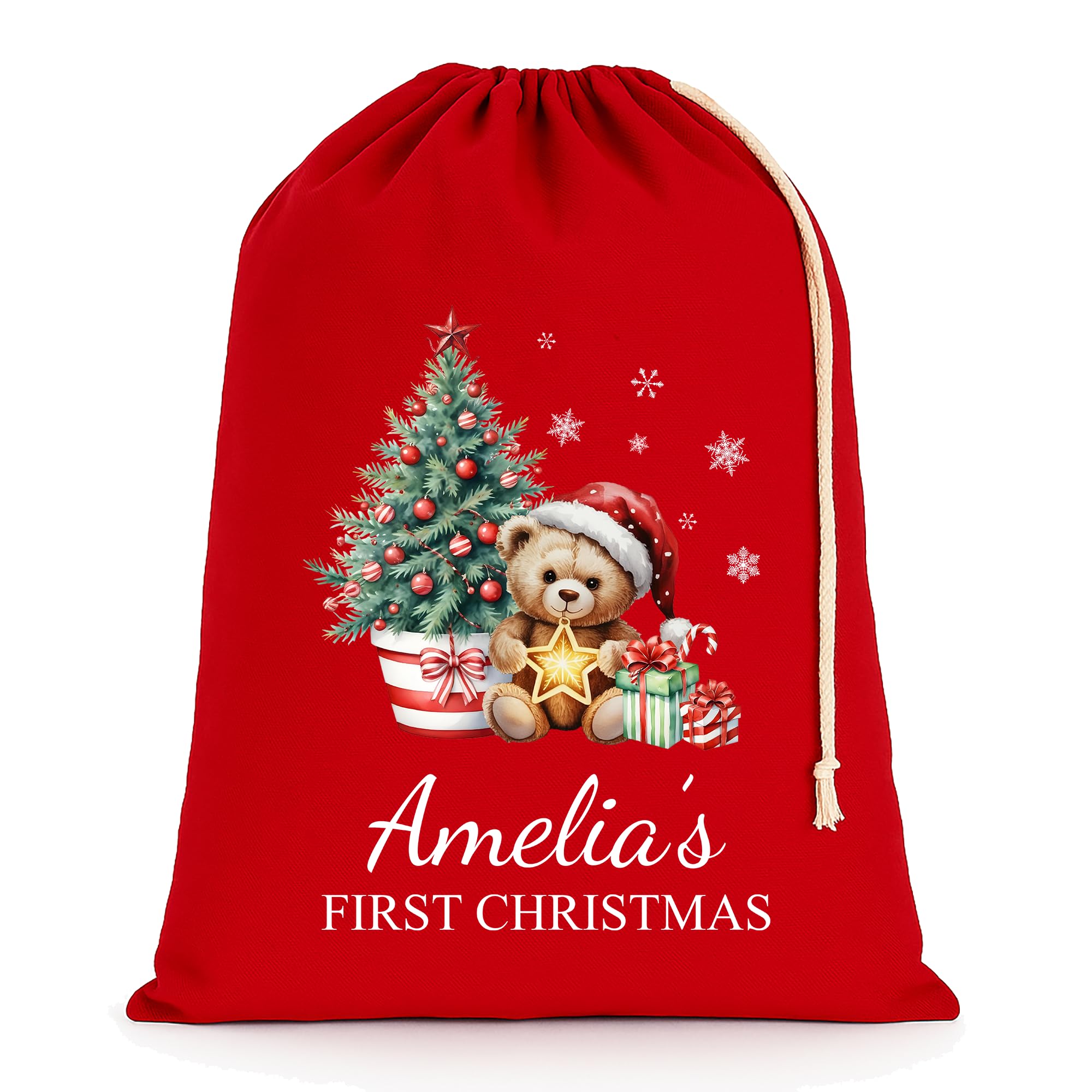 Chicken Craft Personalised Baby's First Christmas Santa Sack with Custom Name - Red - My 1st Xmas Keepsake Gift for Boys or Girls (Teddy Star, Medium)