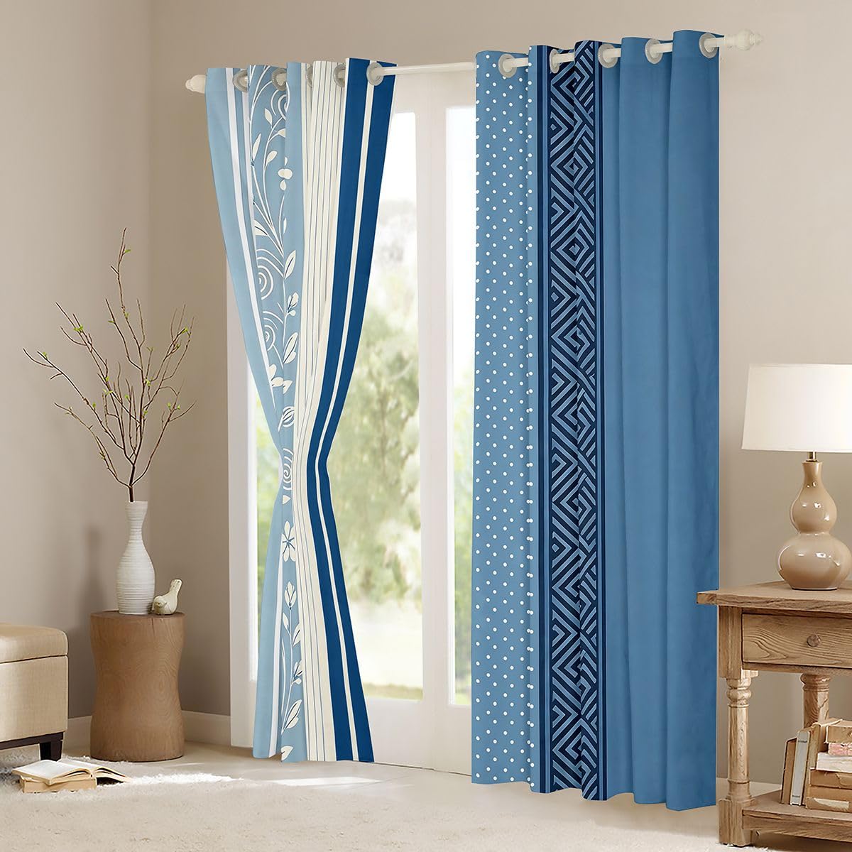 Lot de 2 rideaux de fenêtre rétro à fleurs - Taille XXL - 260 x 140 cm - Rayures géométriques - Points ondulés - Bon rideau occultant - Aquarelle - Motif plantes - Bleu - Pour adultes et