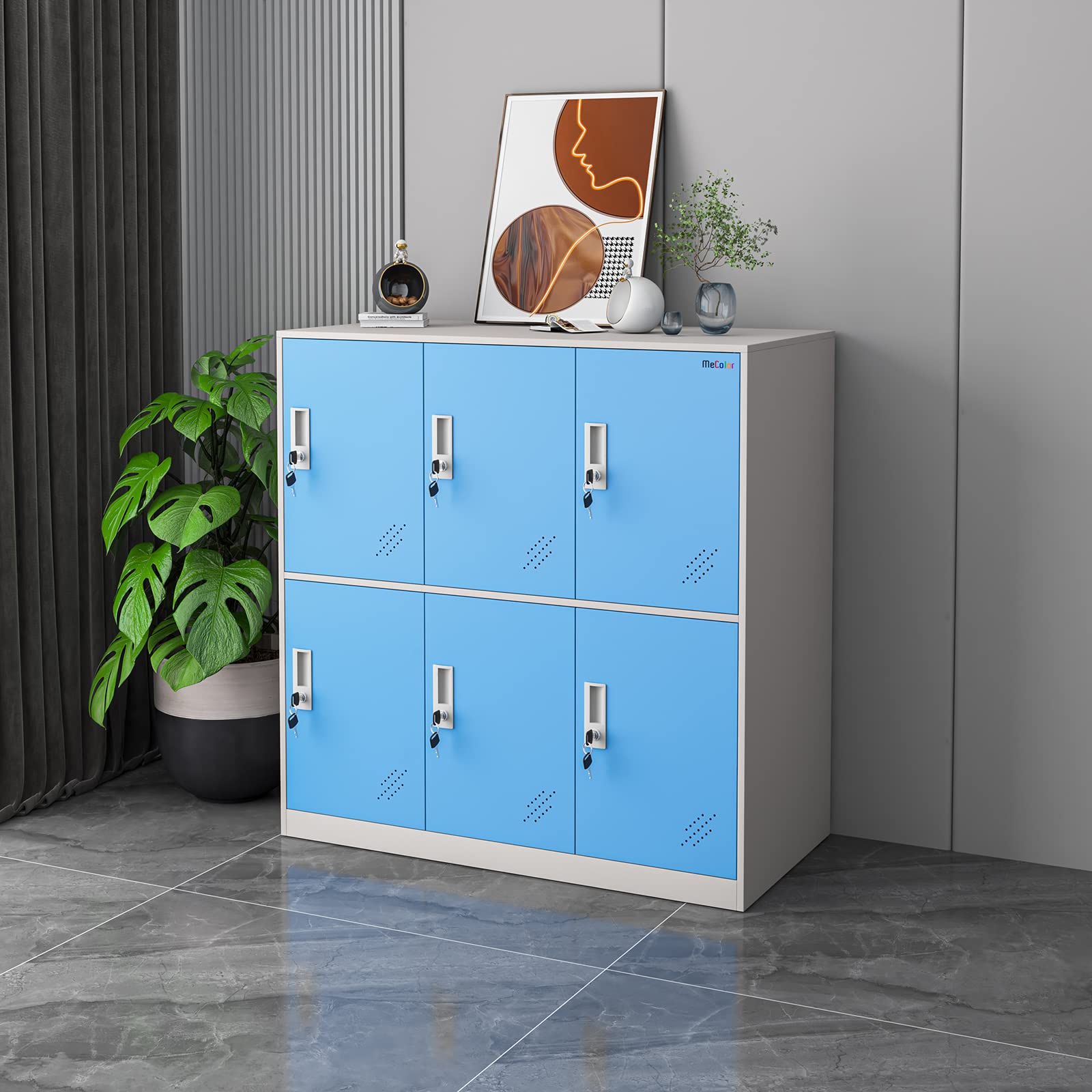 MECOLOR 6,9 Portes Petite Armoire de Bureau en métal, casier à la Maison, Chambre à Coucher, Salle de Classe et école casiers pour Enfants, Étudiants Bleu Brun et Blanc casiers