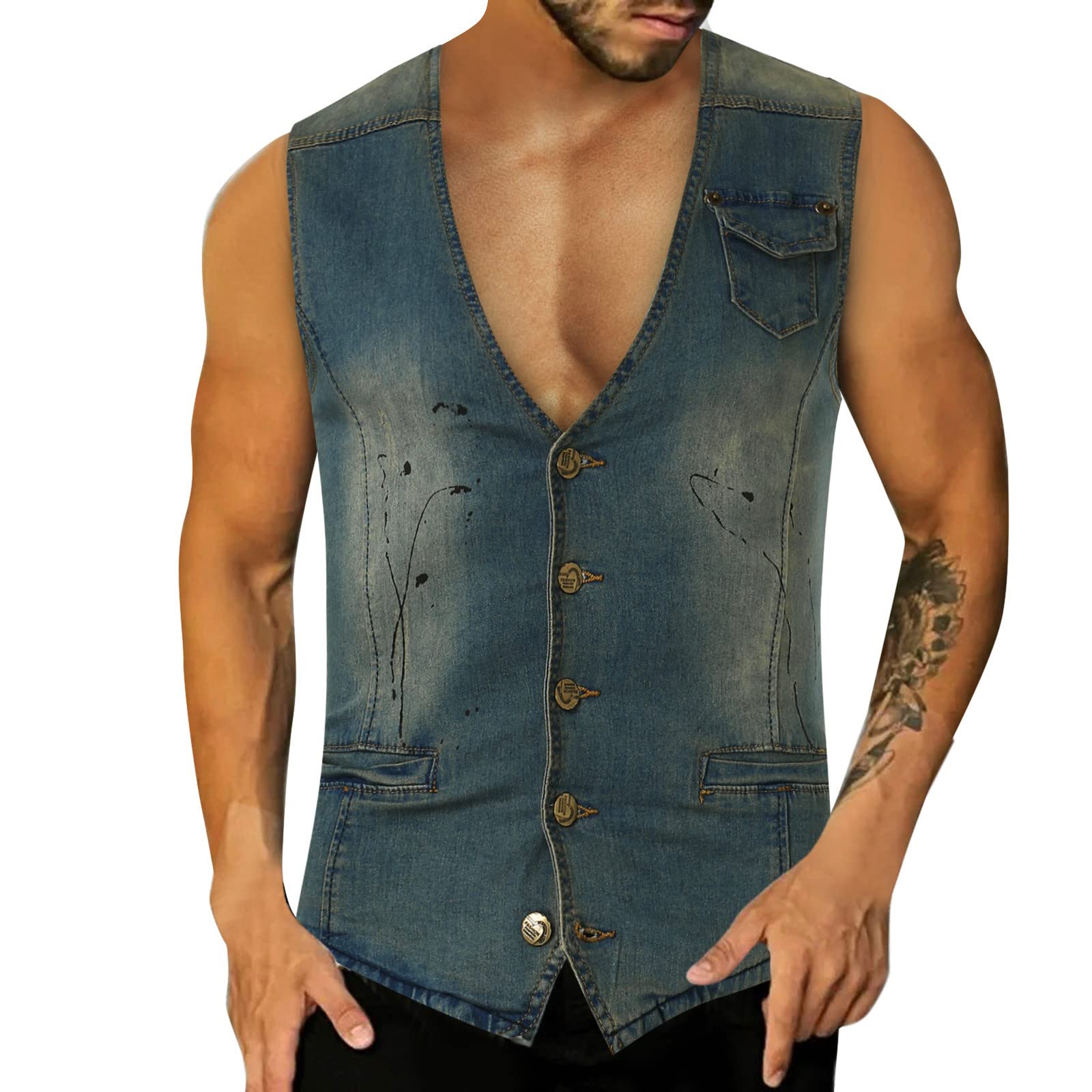 Gilet Jeans, Giacca Jeans Senza Maniche Uomo, Multi Tasche Giacca Giubbotto Smanicato Di Jeans Vintage Denim Vestibilità Slim Gilet Da Moto Gilet Multitasche Uomo Estivo Per Capispalla Fotografia Moto
