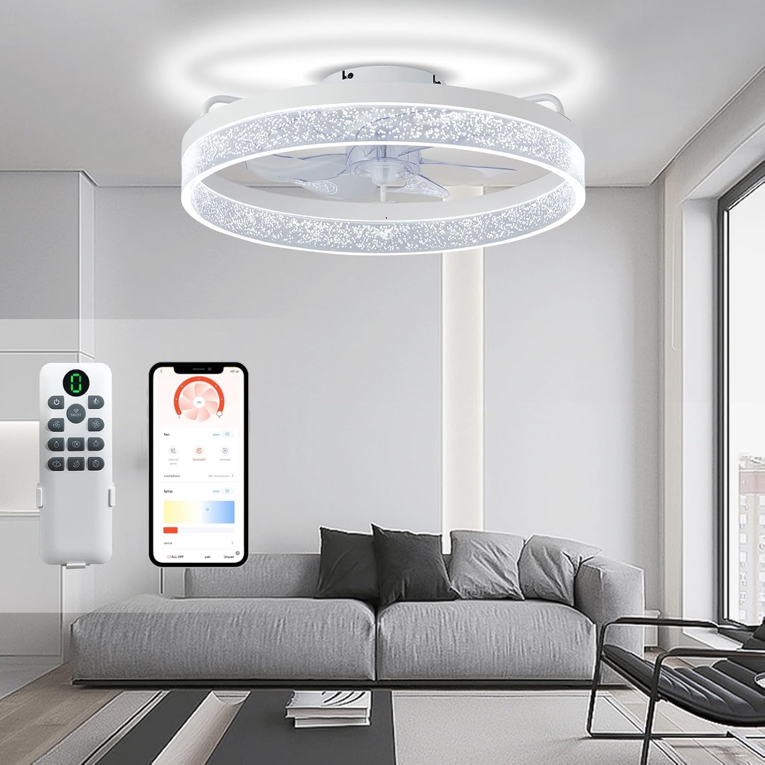 Modern Ceiling Fans with Lights and Remote,20" Low Profile Ceiling Fan with Light,7 Blades Flush Mount Ceiling Fan with Lights,6 Speeds, Reversible,3000k-6500k Dimmable LED Ceiling Fan,White