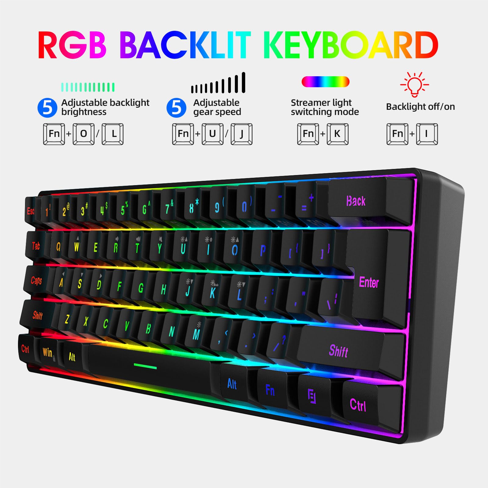 Set Tastiera e Mouse da Gioco Cablati, Retroilluminazione RGB, Tastiera Meccanica a 61 Tasti con Tappetino per Mouse, Accessori da Gioco per PC (Black)
