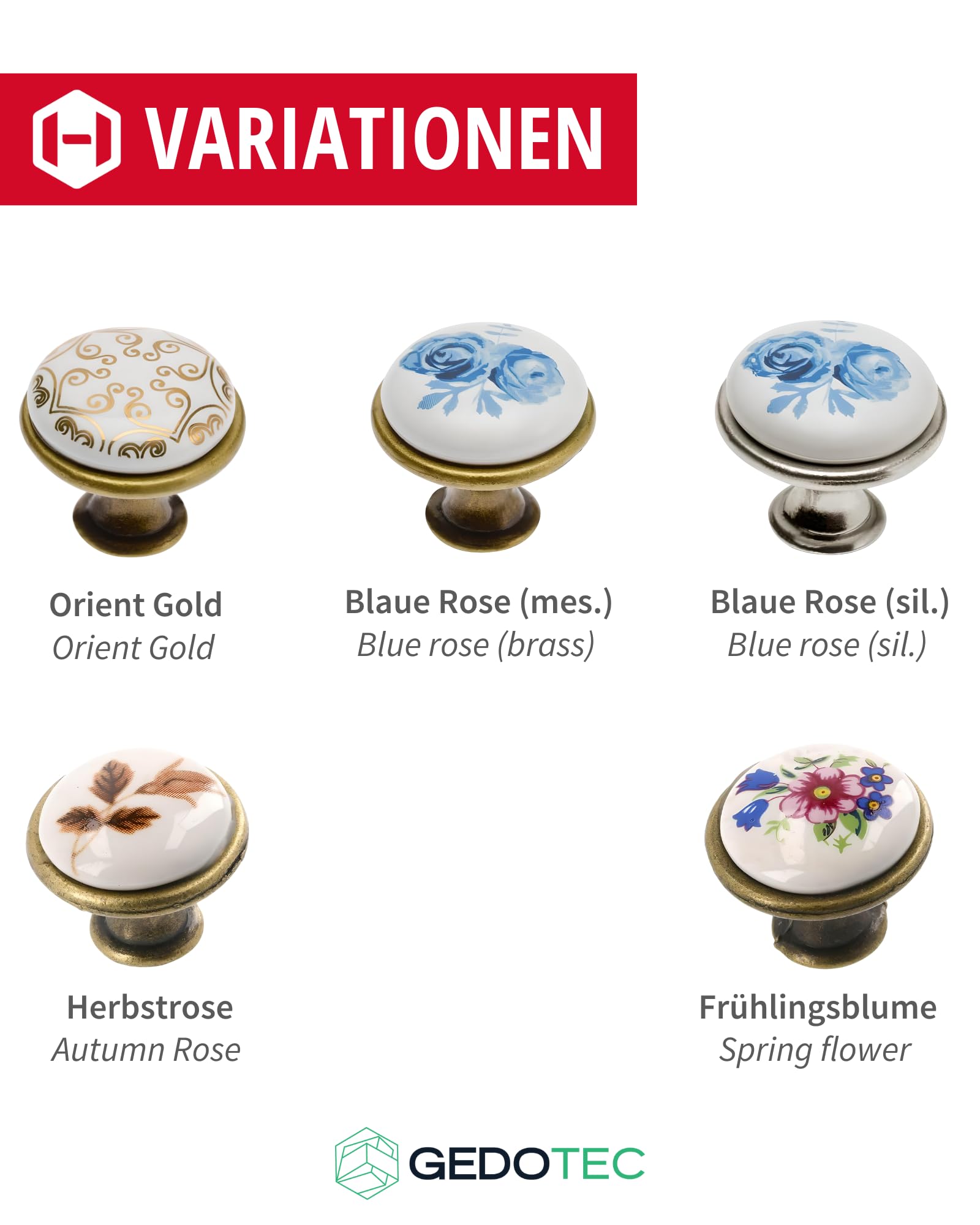 Gedotec Boutons De Meuble - Porcelaine Et Métal - Diamètre : 26,5 Mm - Lot De 10 Boutons De Porte Pour Armoires - Laiton Antique - Or Oriental - Avec Matériel De Fixation I OLGA