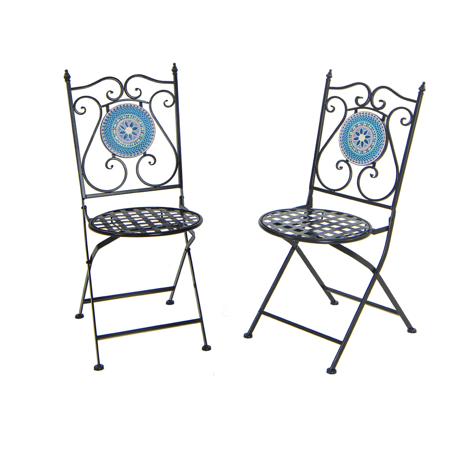 GIANTEX Juego de 2 Sillas de Mosaico para Exterior, Sillas de Bistro con Asiento y Respaldo Ahuecados, Marco de Metal, Conjunto de Sillas Plegables con Patrones de Mosaico para Terraza, Patio, Jardín