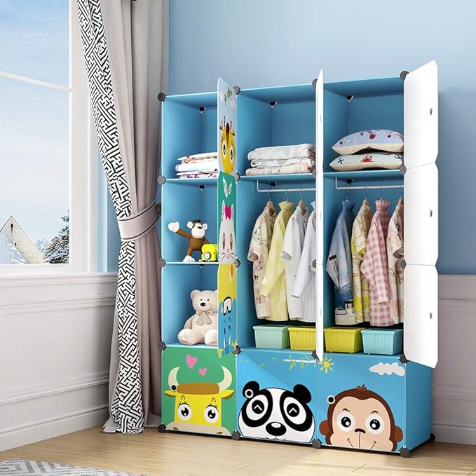 MAGINELS Kids Closet,Baby Wardrobe Closet with Door,Cute Portable Armoire Dresser,Clothes Hanging Storage Rack for Boy Bedroom,Blue,12 Cube(14x14inch)