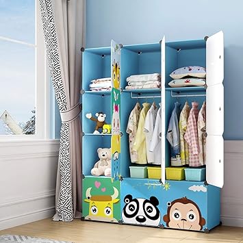 MAGINELS Kids Closet,Baby Wardrobe Closet with Door,Cute Portable Armoire Dresser,Clothes Hanging Storage Rack for Boy Bedroom,Blue,12 Cube(14x14inch)