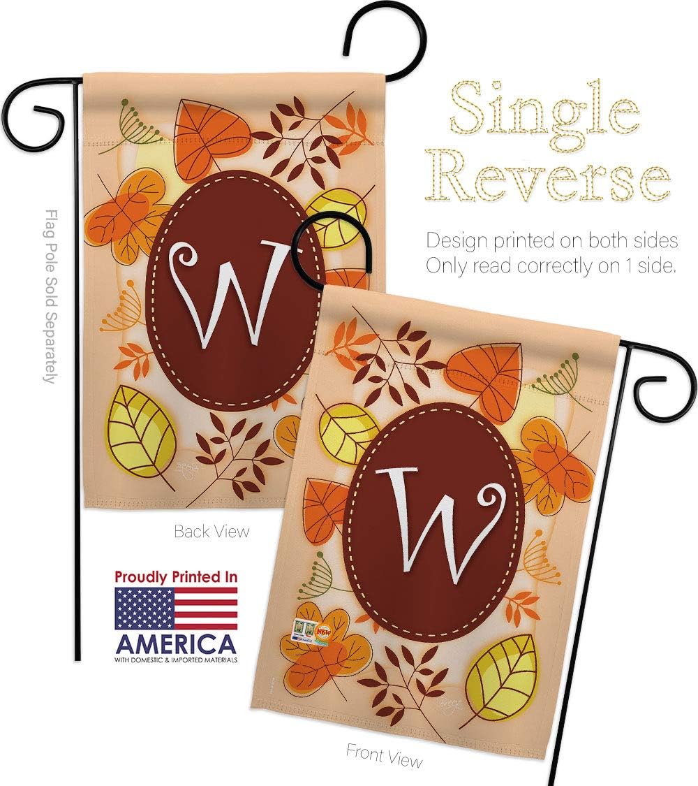 Autumn W Initial Garden Flag Set with Stand Monogram Falltime Harvest Scarecrow Pumkins Sunflower Leaves Season Autumntime Gathering Small Gift Yard House Banner Made In USA 13 X 18.5