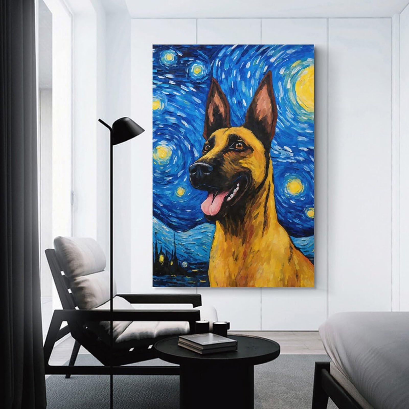 Junmoney Unframe-Style-5 Hanging Wall Art Belgian Malinois Night, 16X24inch(40X60cm), For Gallery Wall Layouts In Home Or Office, An Easy Match For Collected Prints
