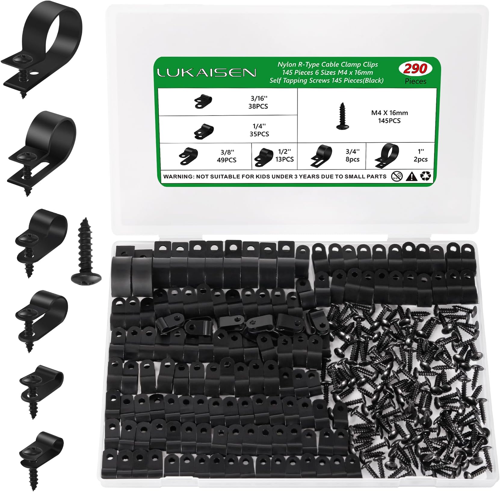 – 290 PCS Black Nylon P-Clips, 3/16'' 1/4'' 3/8'' 1/2'' 3/4'' 1'' Inch Plastic Cable Clips Wire Clamp, Nylon Screw Mounting Cord Fastener Clamp with 145 PCS Screws, for Wire Management