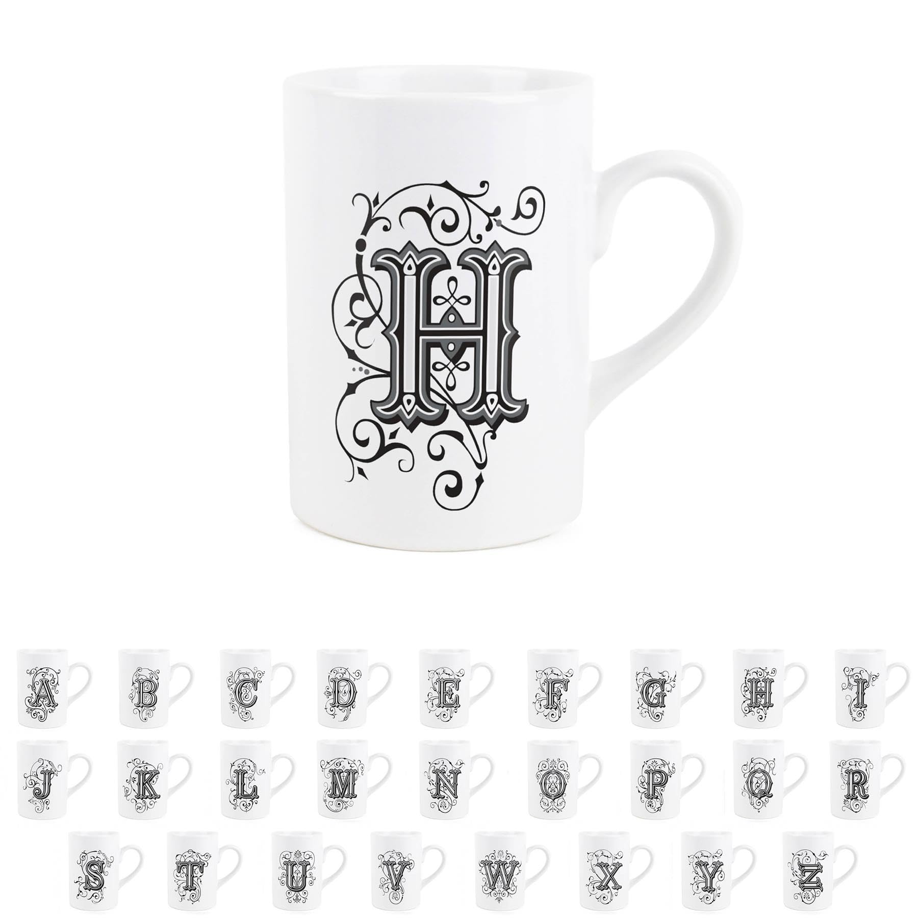 Gothic Letter H Mug - Black & White Swirly Personalised Initial/Alphabet Gift - Tea Coffee Hot Drinks Ceramic Mug Present