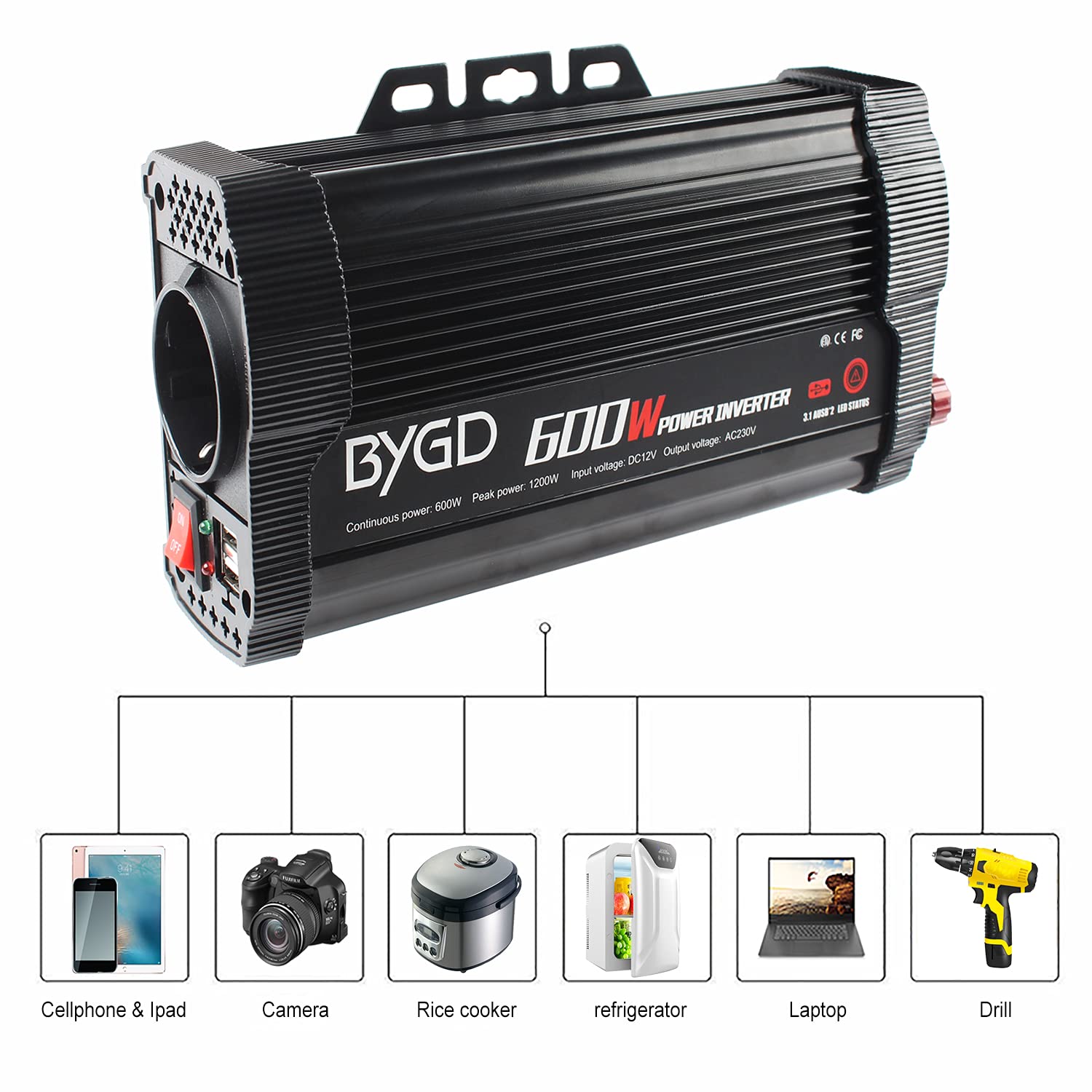 BYGD 600W Inverter Potenza, Invertitore Potenza Auto 12V a 230V USB 1 Prese AC, Convertitore Potenza per Auto/Camper/Barca a Onda Sinusoidale Invertitore di Tensione Modificata