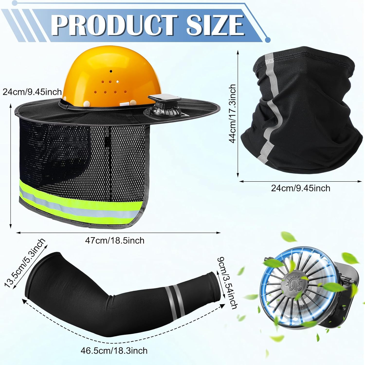1 Set Sun Hard Hat Shade Full Brim Hard Hat Sun Visor with Solar Fans and Neck Sunshade Cover UV Reflective Strap Arm Sleeves Summer Protection Accessories