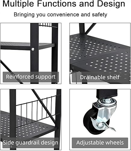 Miniatura 4 de Estantería plegable para almacenamiento, estantes plegables de metal de 4 niveles con ruedas, estantes y estantes de almacenamiento, estantes