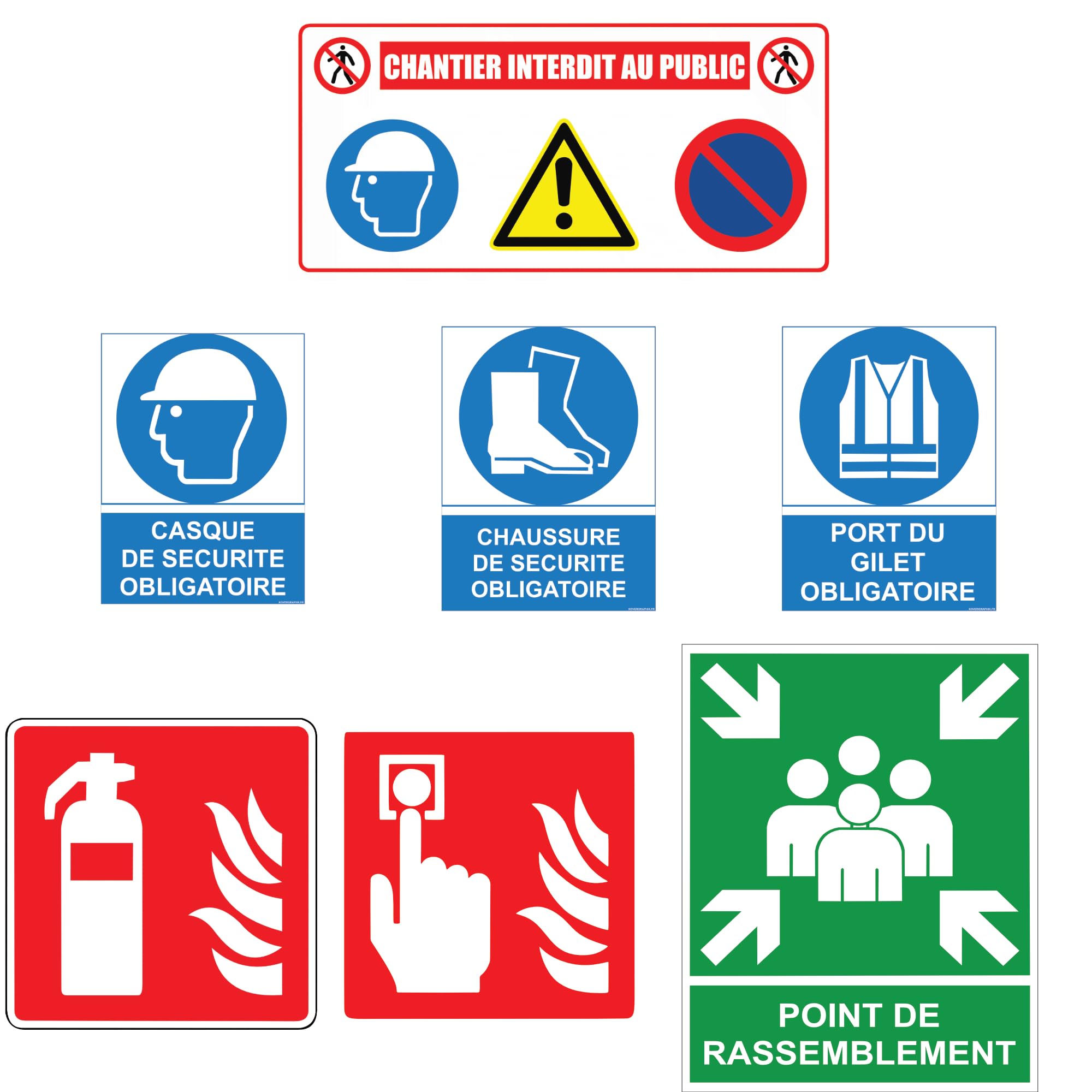 Kit Signalétique Sécurité Chantier BTP 7 Éléments – Casque, Chaussures, Gilet, Extincteur, Alarme, Point de Rassemblement – PVC et Vinyle – Conforme NF EN ISO 7010 – Fabrication Française