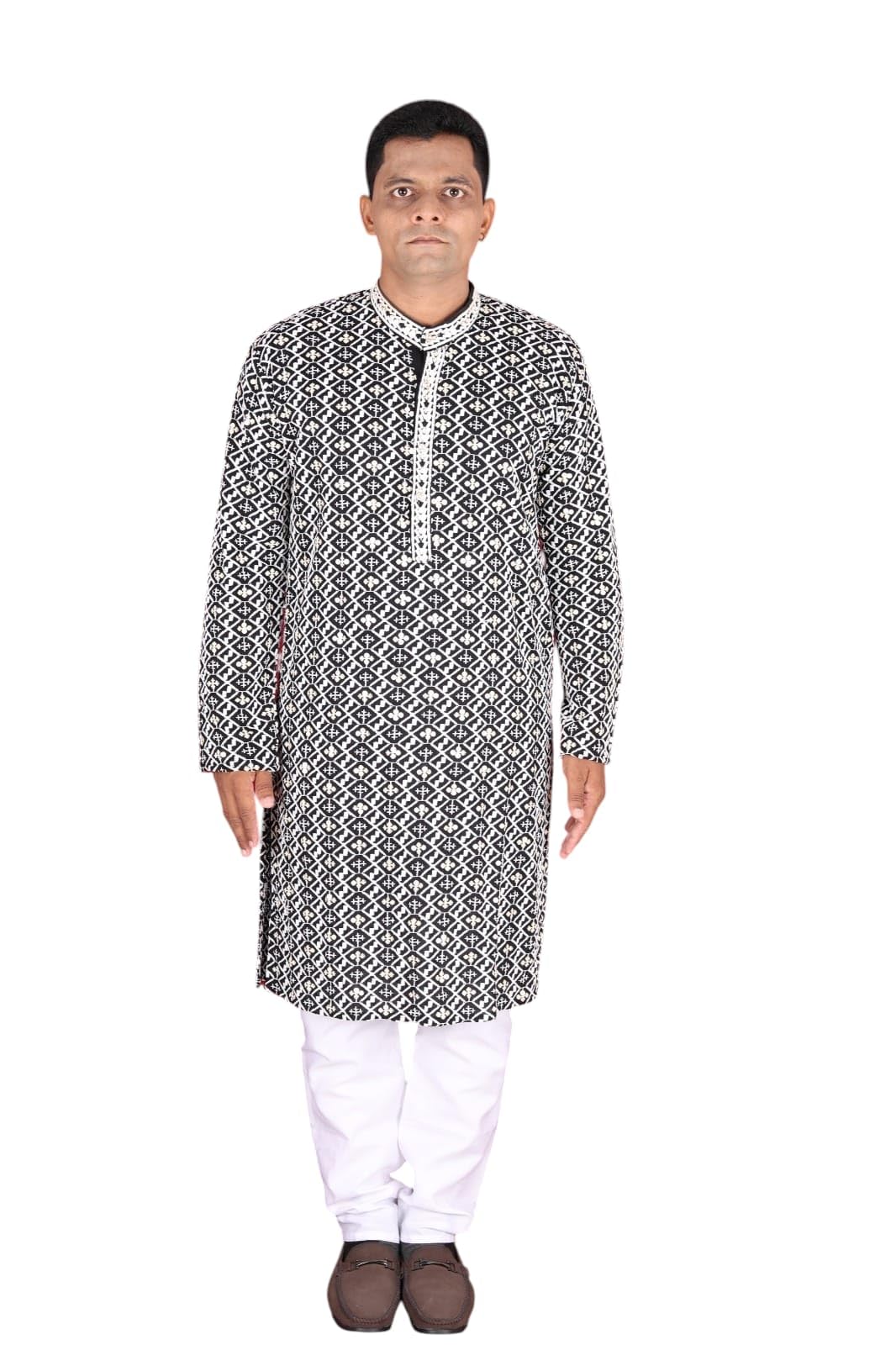 Men's Traditional Black & White Patterned Long Kurta with Pants and Shoes-image-25