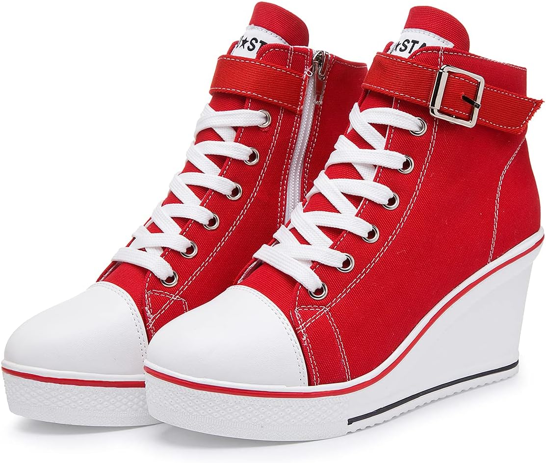Wedge Heel Sneaker for Women High Heel Sneaker Side Zipper/Lace Up Canvas Shoes for Ladies College Students