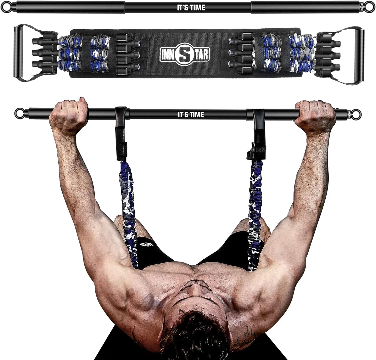 INNSTAR Banda de resistencia ajustable con barra de carga máxima 360 kg – para el entrenamiento en casa y en el gimnasio, banco de gimnasio portátil para entrenamiento de pecho y brazo muscular