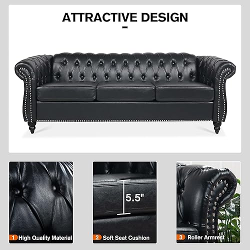 Miniatura 3 de Sofá de cuero de 85 pulgadas de ancho, sofá Chesterfiled con brazos enrollados, sofá de 3 plazas con botones para sala de estar, dormitorio, sala de