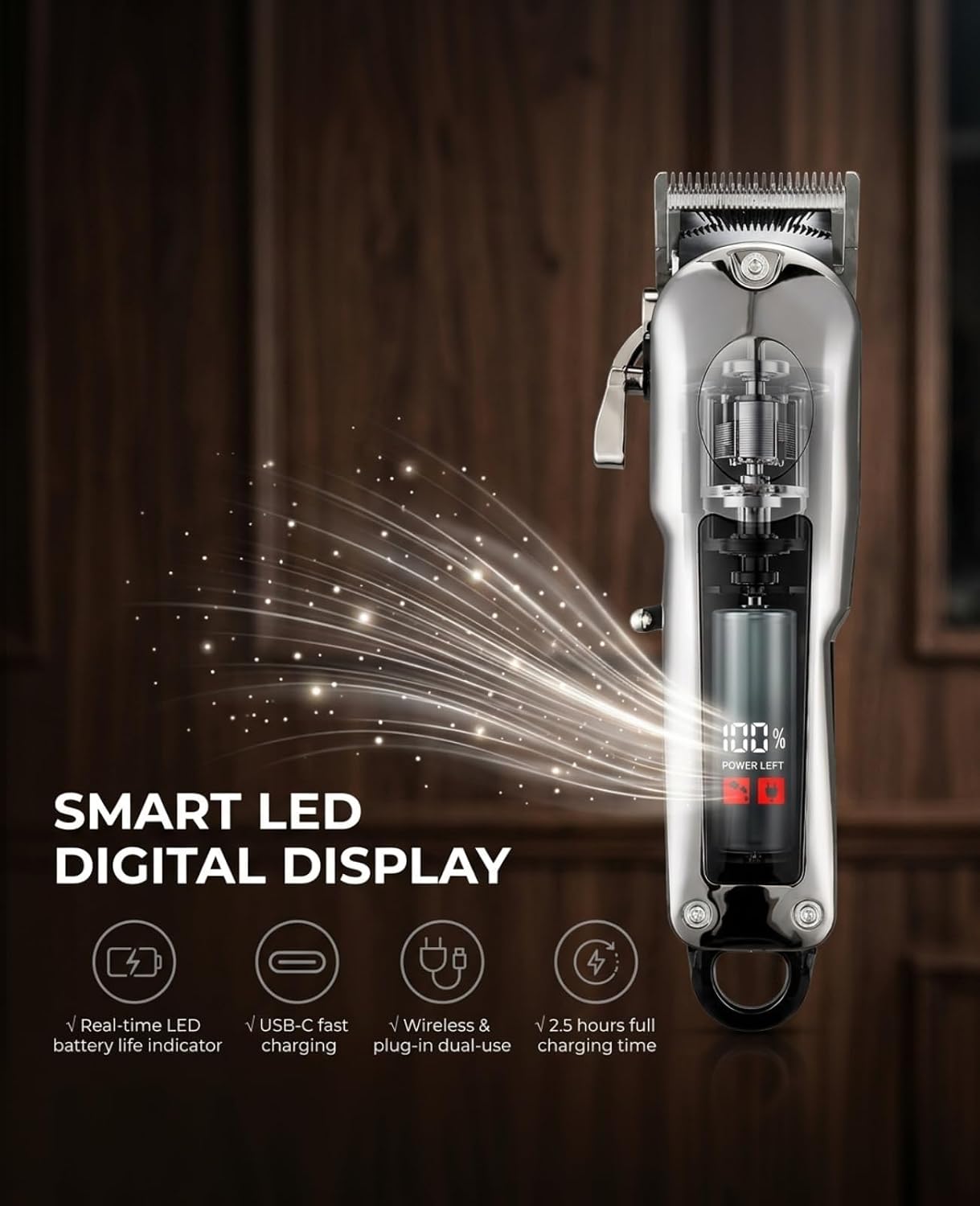 Professional Hair Clippers for Men, Cordless Hair Cutting Kit with 5-Level Adjustable Lever & 10 Guide Combs, LED Display Rechargeable Beard Trimmer for Fades, Home & Barber