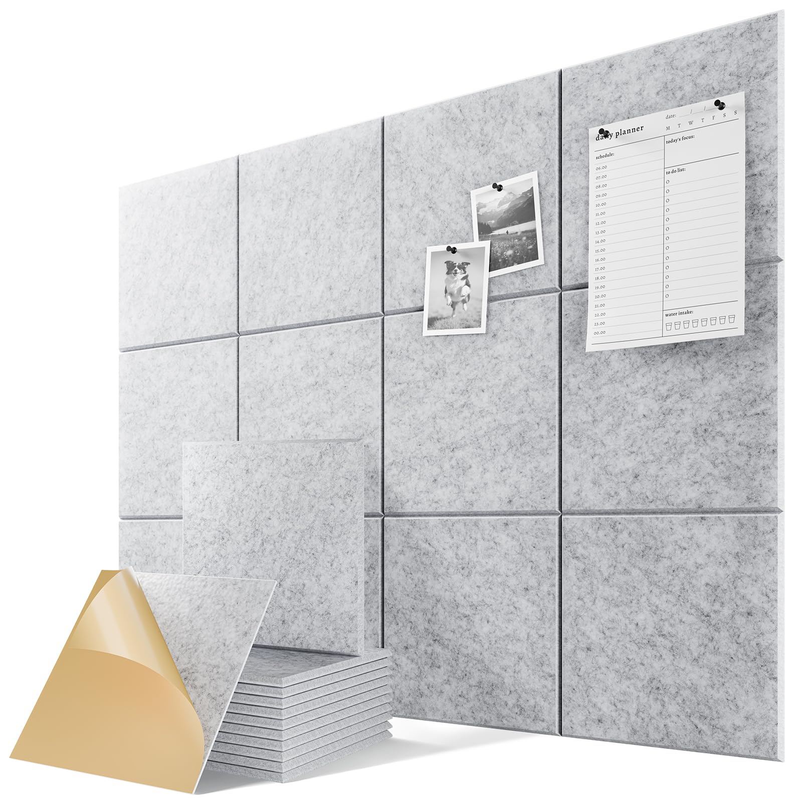 6-Pack Self-Adhesive Acoustic Panels, 12" X 12" X 0.4" High-Density Sound Proof Foam Panels for Walls, 36" x 24" Felt Bulletin Board, Soundproof Wall Panels for Home &amp; Office (Sliver Gray)