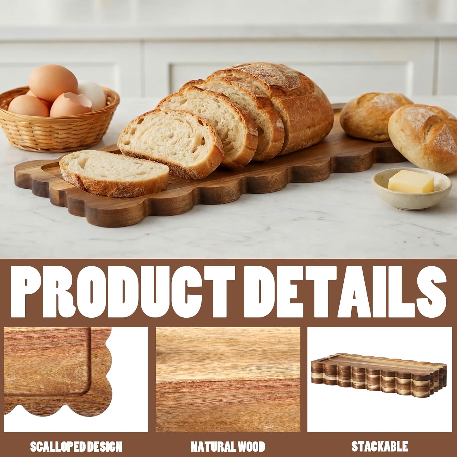 LemonRoad 3 Pcs Scalloped Acacia Wood Serving Platters and Trays, 14 x 5.5 Inch Acacia Wood Serving Tray Charcuterie Boards Platters for Food or Desserts Bread Cheese Fruit Tea