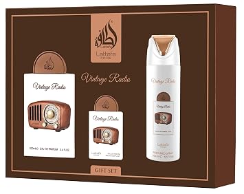 Lattafa Pride Vintage Radio Aromatic, Woody, Spicy, Amber 3-Piece Gift Set for Unisex 3.4 Ounce Eau de Parfum Spray + 0.65 Ounce Eau de Parfum Spray + 6.67 Ounce Deodorant Spray