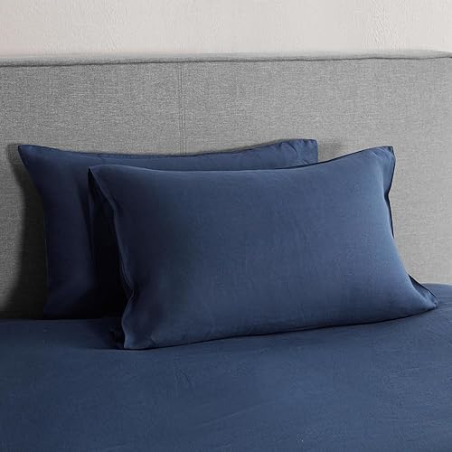 DAPU Fundas de almohada 100% lino francés de 2 fundas de almohada tamaño Queen lavadas a la piedra, ultrasuaves, transpirables y duraderas (azul